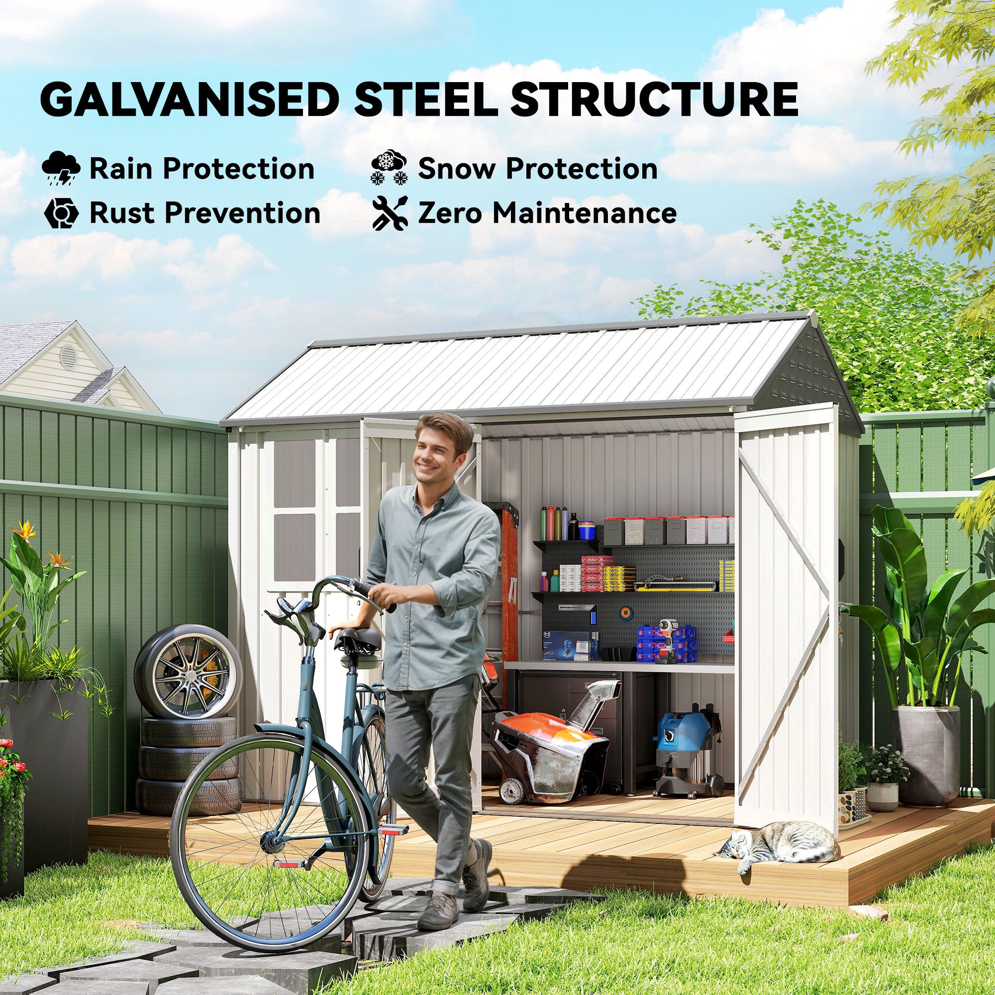 8' x 6' Metal Garden Storage Shed, Extra Large Outdoor Tool Storage House w/ Doors, Window and Air Vents, White - White - Image 4