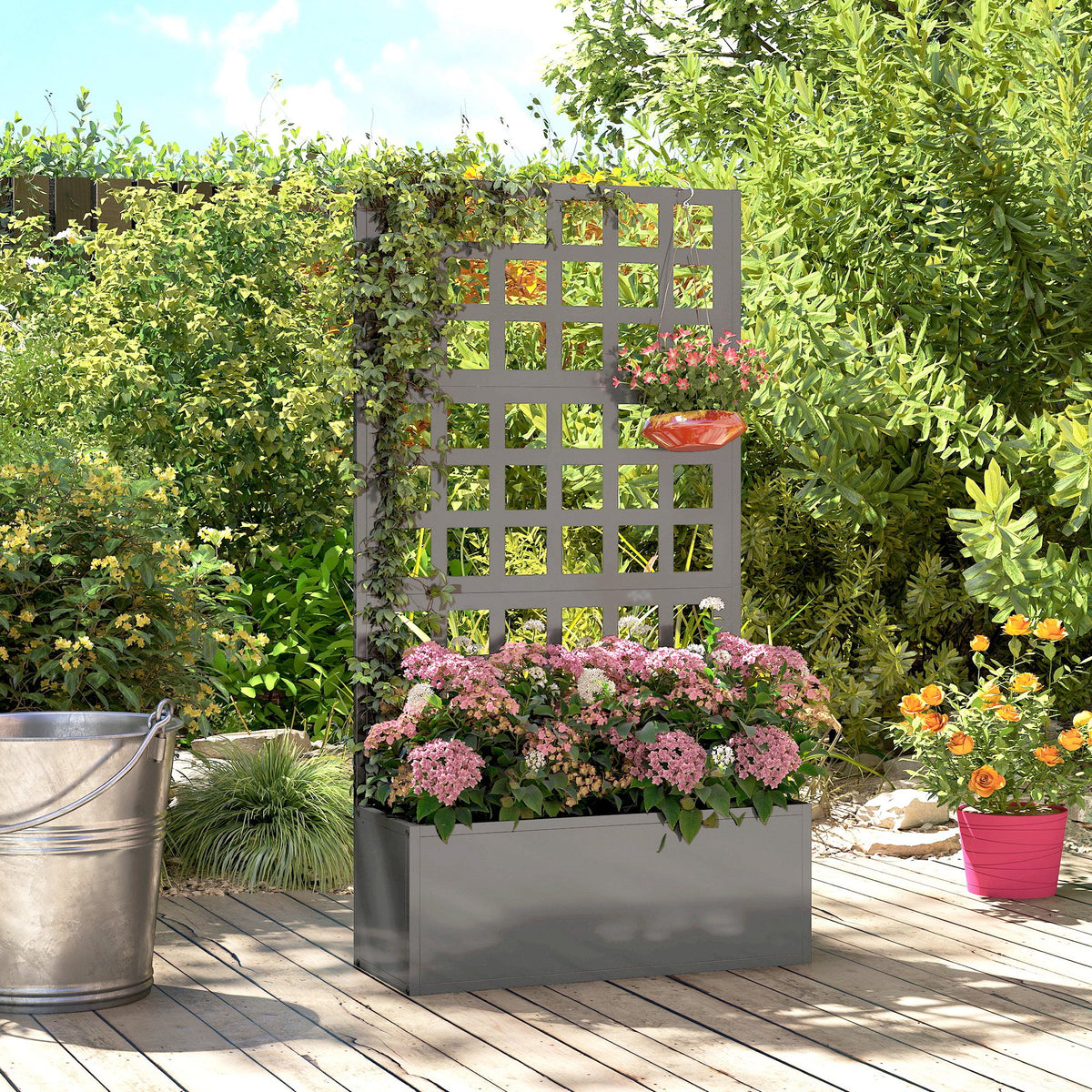 Galvanized Raised Garden Bed Planter Box with Trellis for Climbing Plants, Vegetable, Vines, 24" x 9" x 44.5", Gray