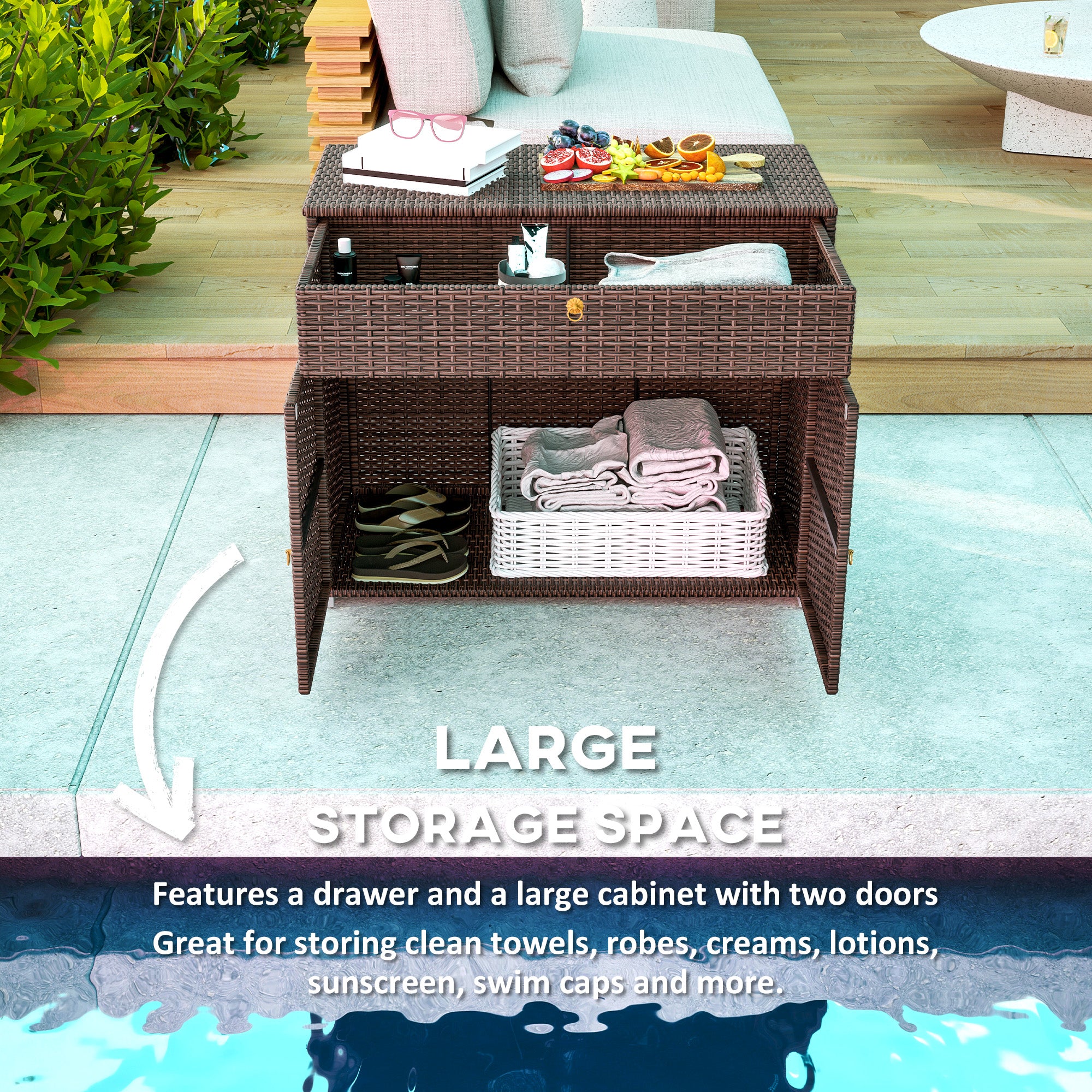 Outdoor Storage Cabinet, Waterproof PE Rattan Cabinet with Drawer for Indoor, Outdoor Swimming Pool, Mixed Brown - Brown - Image 4