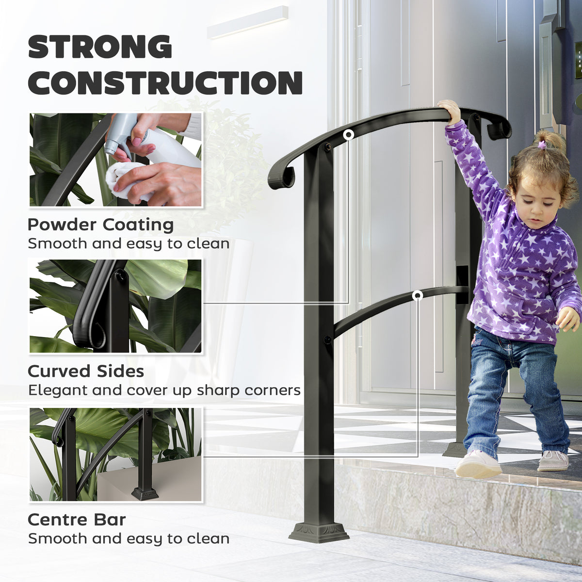 1-3 Step Metal Handrails for Outdoor Steps, Porch Deck Stair Railing with Installation Kit for Concrete Steps, Black