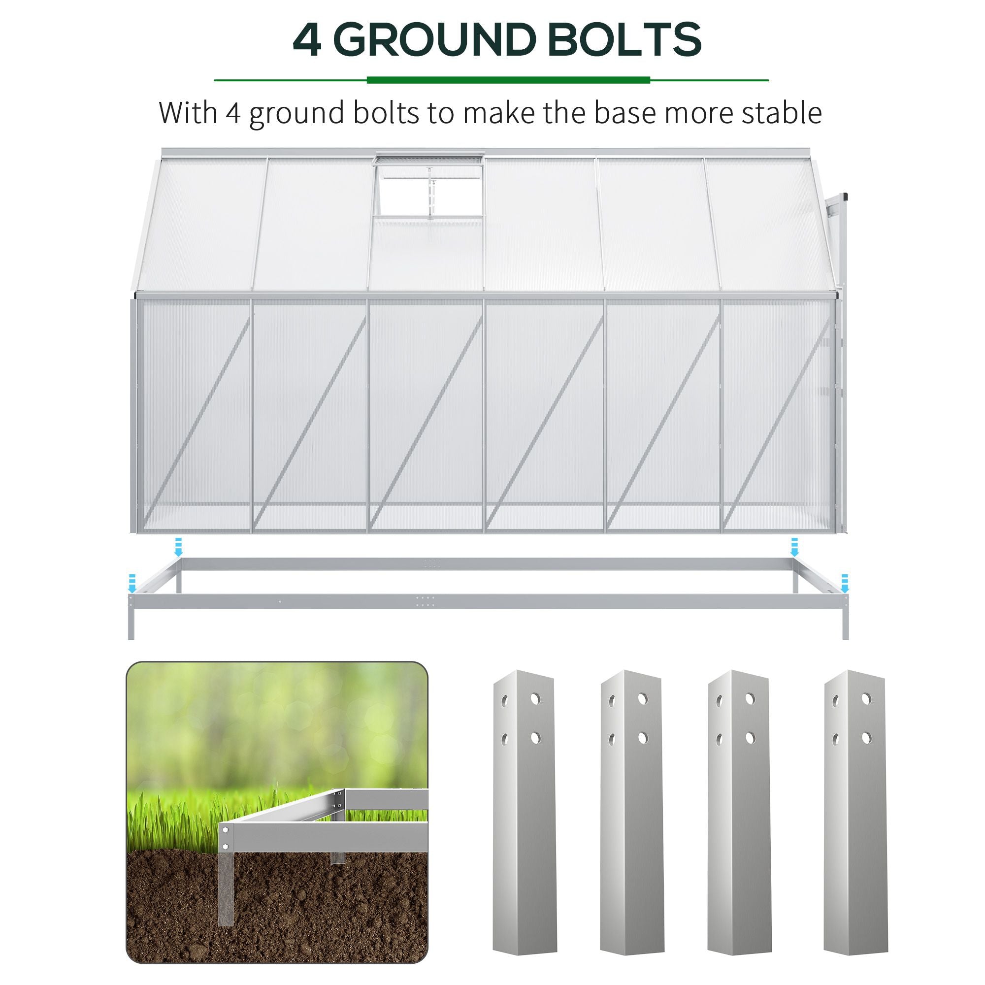 12' x 6' x 6.5' Polycarbonate Greenhouse with Aluminum Frame, Walk-in Heavy Duty Green House with Adjustable Roof Vent, Rain Gutter and Sliding Door for Winter, Silver - Silver - Image 6