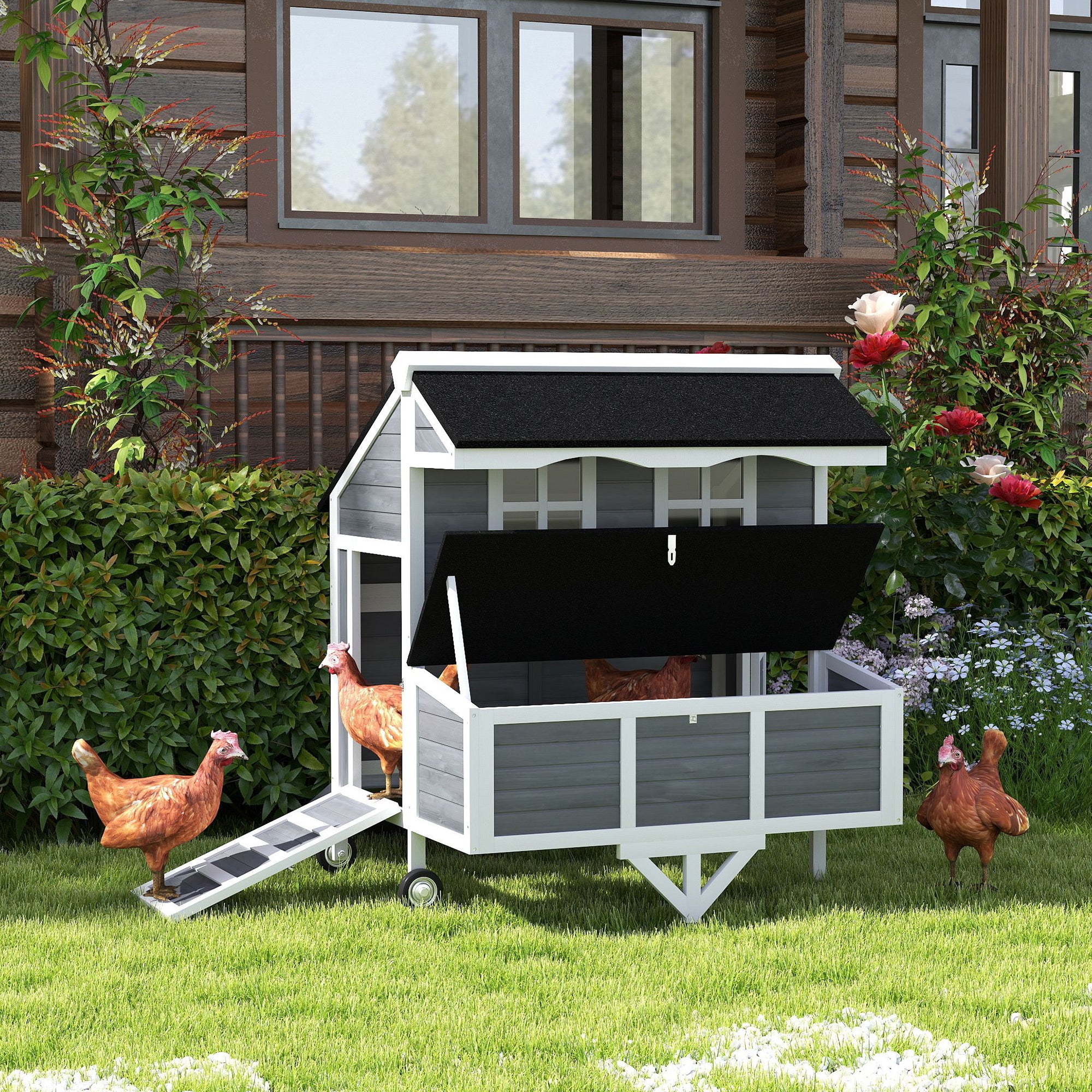 43" Chicken Coop with Wheels, Chicken Tractor with Nesting Box, Windows, Pull-out Tray, Perches, for 2-4 Hens, Gray - Gray - Image 2