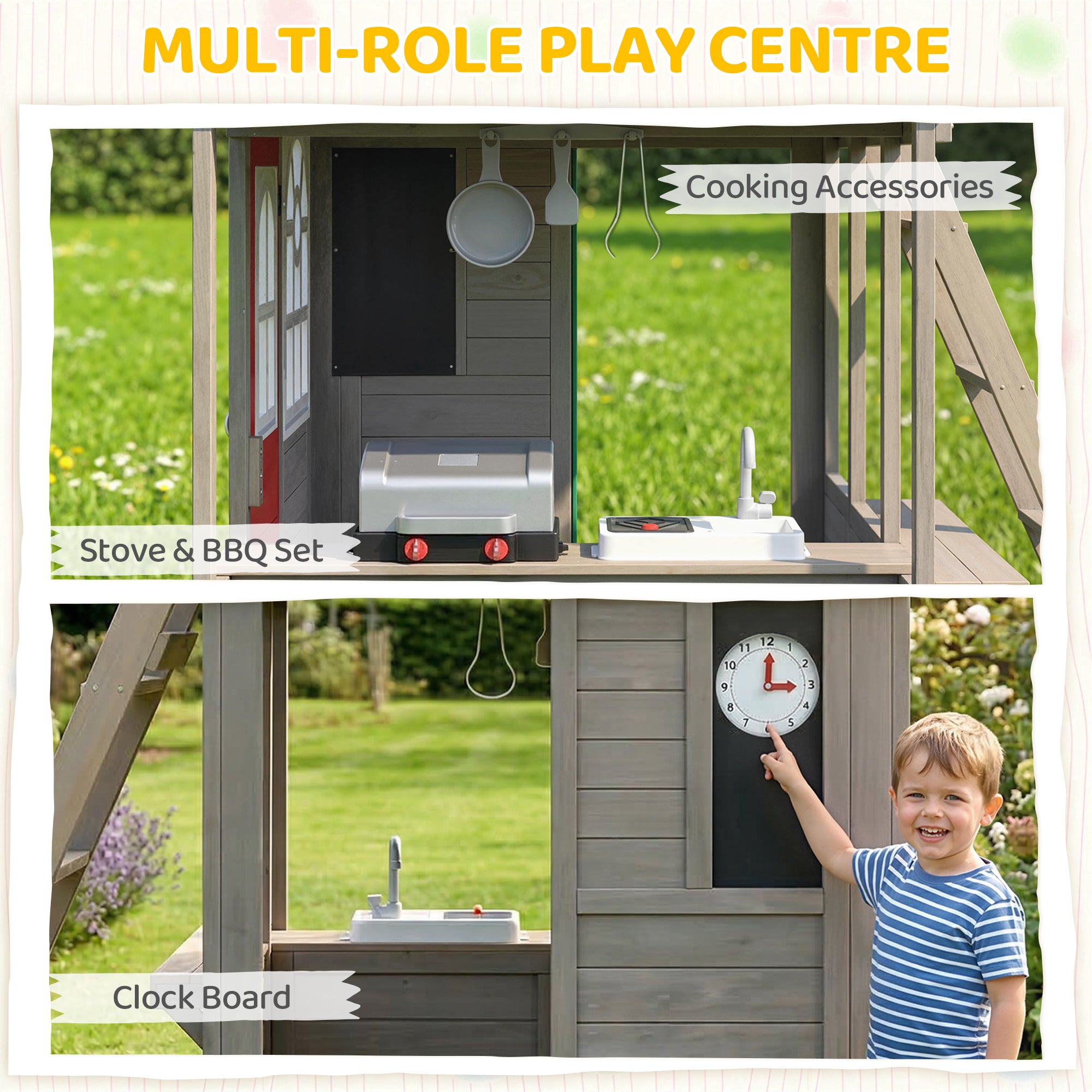 Two-Story Outdoor Playhouse, Wooden Kids Playhouse with Slide, Bench, BBQ Play Kitchen, Ladder, Lookout Platform, Clock