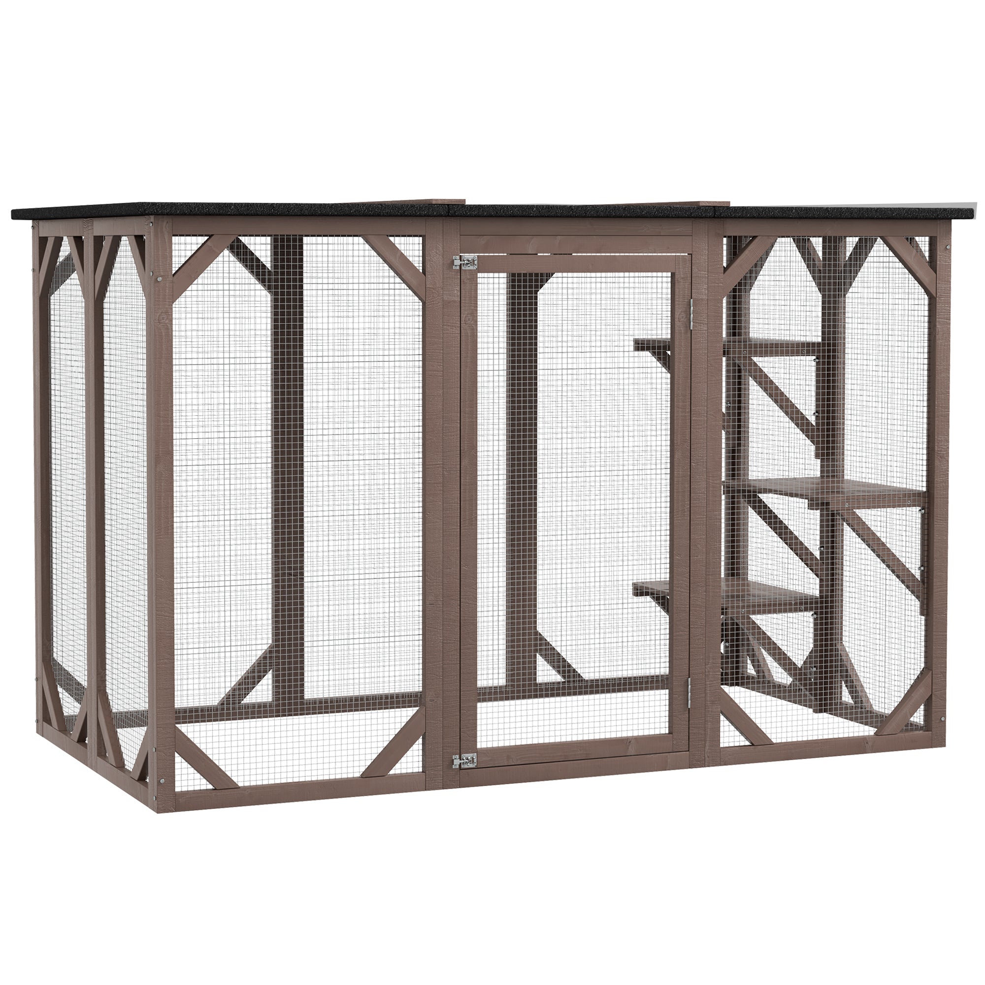 Outdoor Cat House, Catio Wooden Feral Cat Shelter, Cat Cage with Platforms, Large Enter Door, Weather Protection Asphalt Roof, 71" L, Brown - Brown