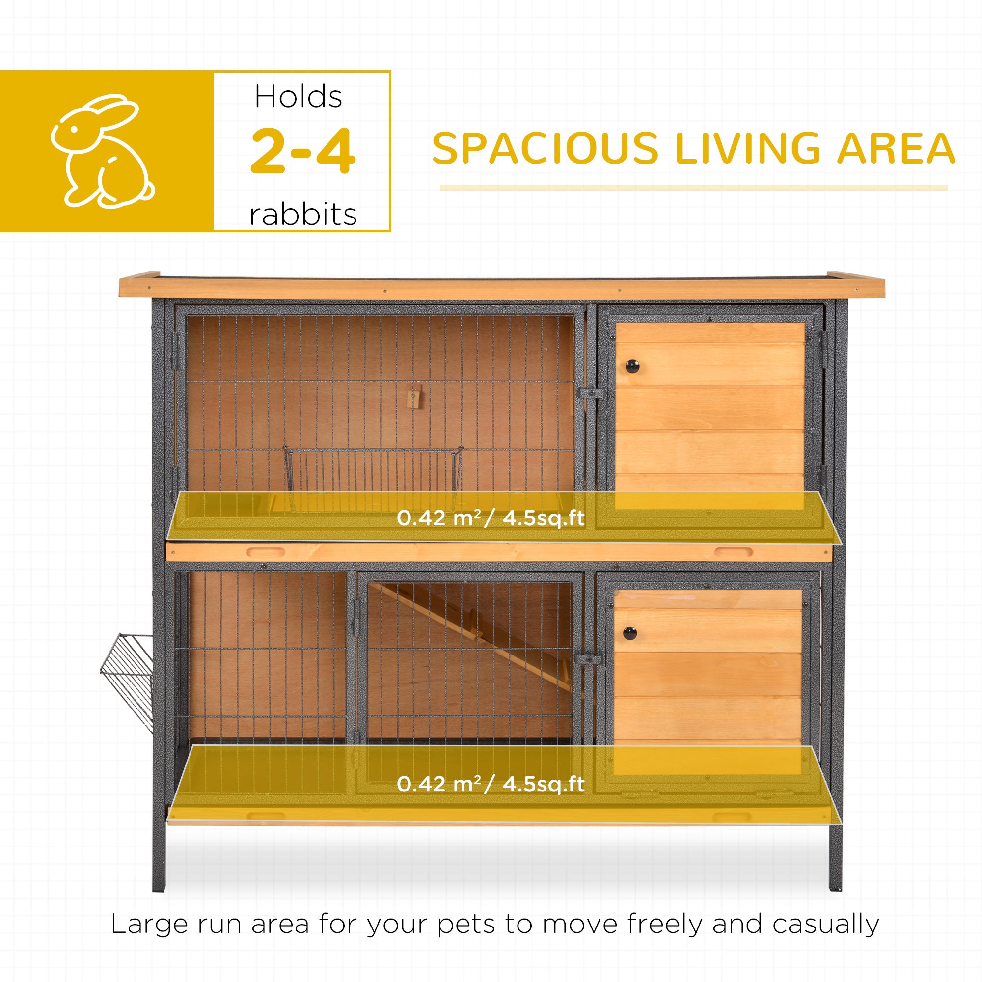 48" 2-Story Large Rabbit Hutch Bunny Cage Wooden Pet House Metal Frame with Rooms, Ramp, No Leak Tray, Feeding Trough, Waterproof Asphalt Roof for Rabbits, Chickens, Ducks, Outdoor/Indoor - Light yellow - Image 4