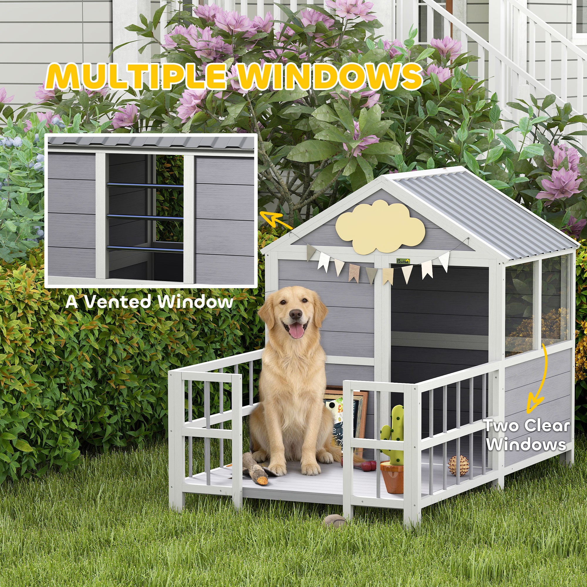 Outdoor Dog House, 61"L Wooden Dog House with Porch, Weatherproof Roof, Elevated Base, Air Vents & Observation Windows - Gray - Image 5