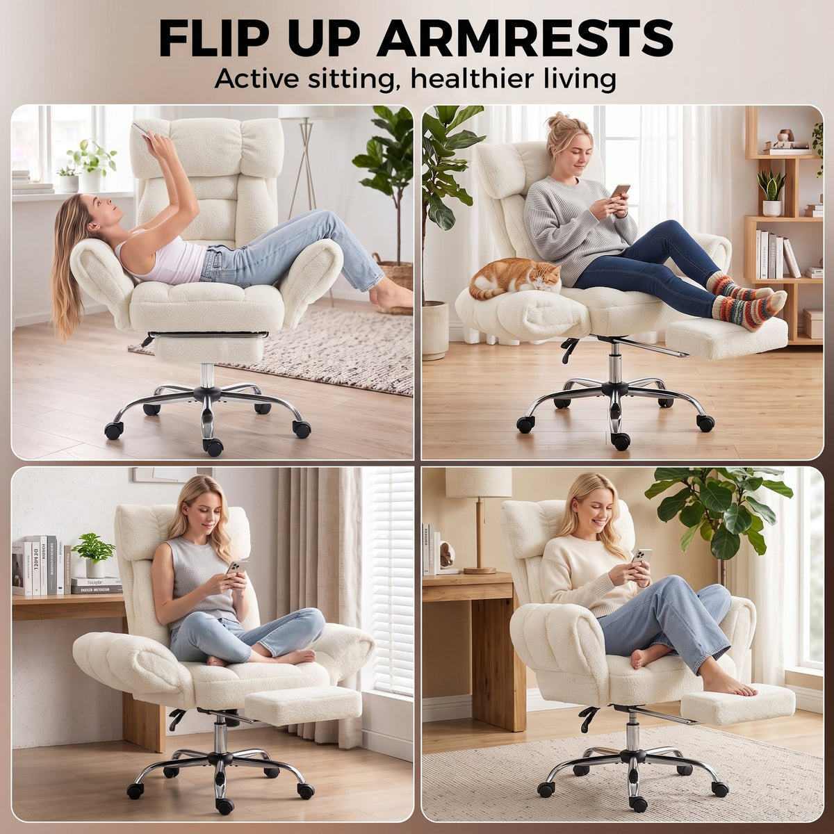 Criss Cross Office Chair with Flip-Up Armrests, Reclining Desk Chair with Wide Seat, Footrest, Wheels, Cream White