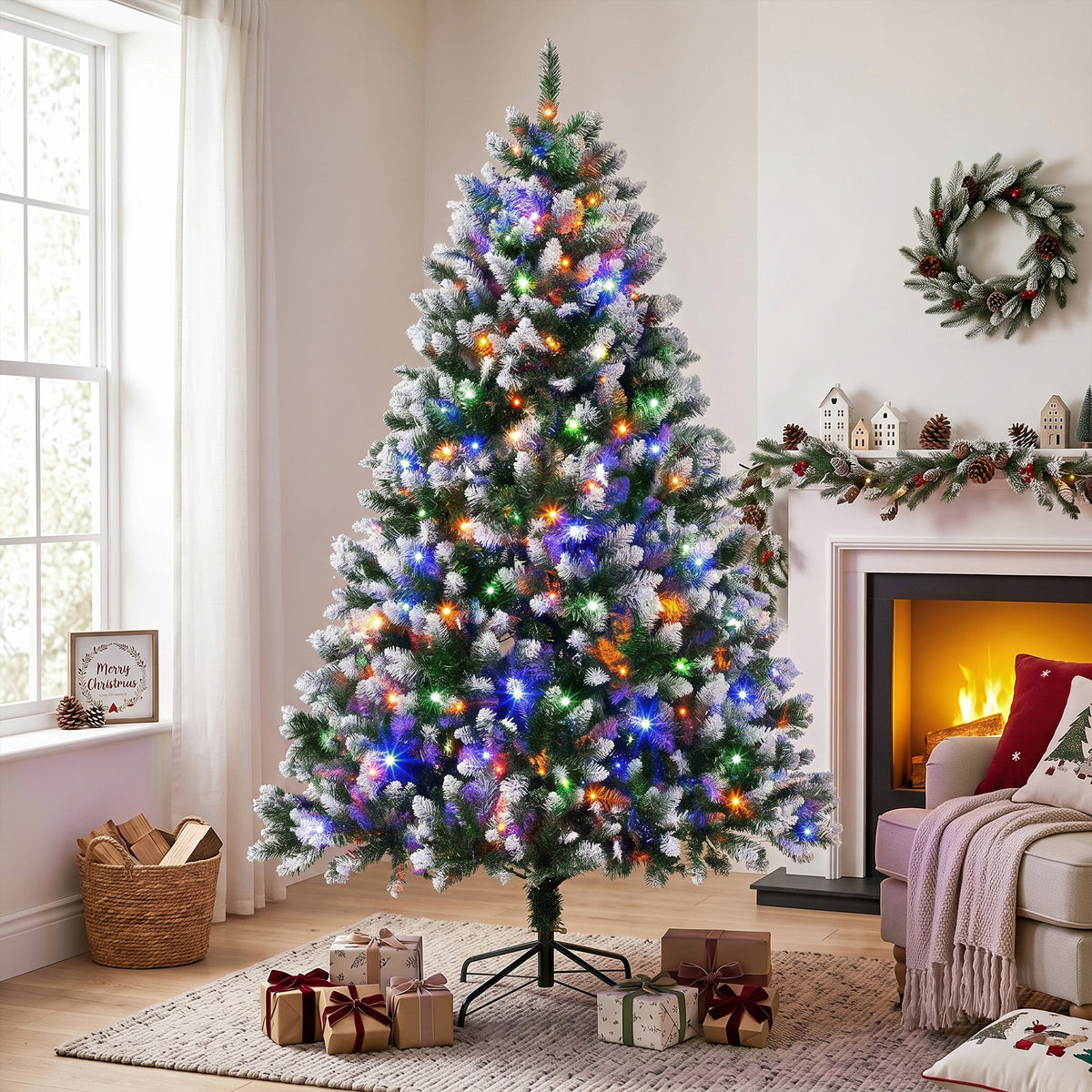 7.5ft Pre-lit Artificial Christmas Tree White-Tipped Hinged Full Xmas Tree with 1378 Tips