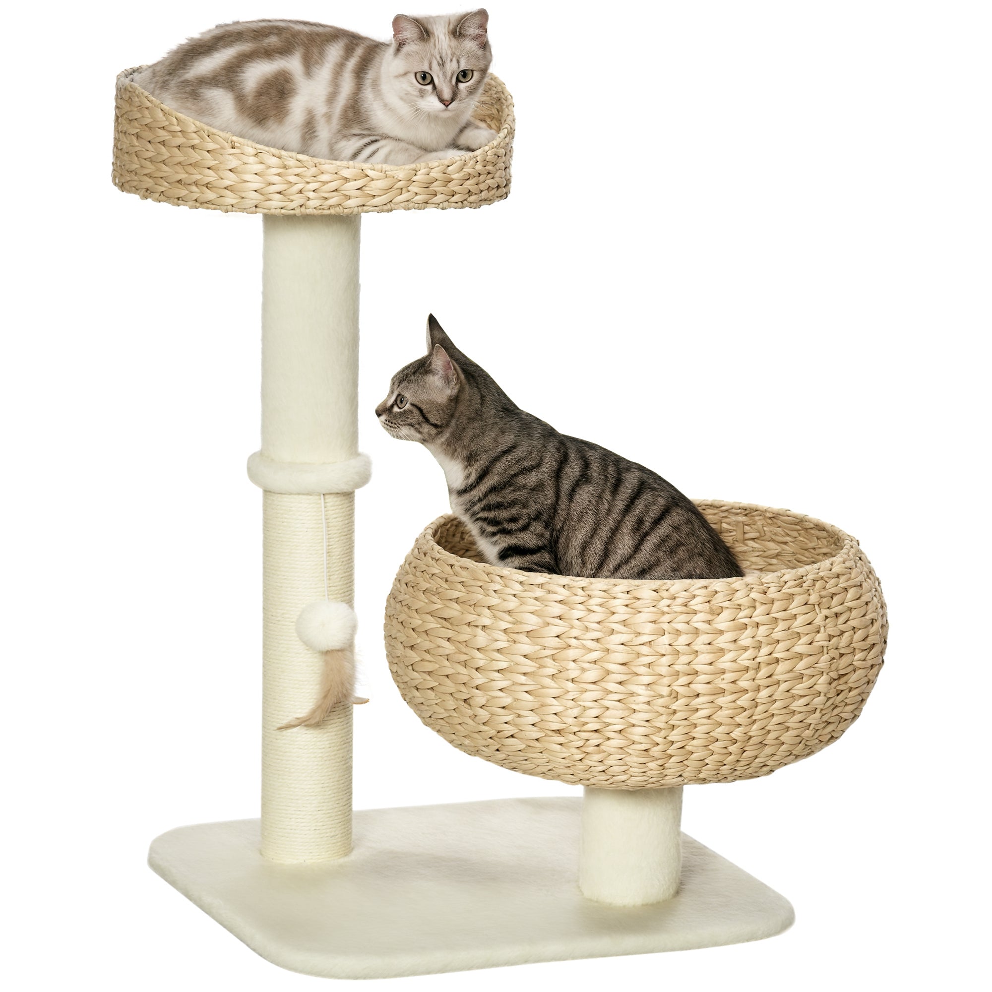28" Elevated Cat Bed with Sisal Scratching Post for Indoor Kitties, Modern Cat Tree with Cute Basket Design, Small Cat Tree with Fun Ball Toy - Beige