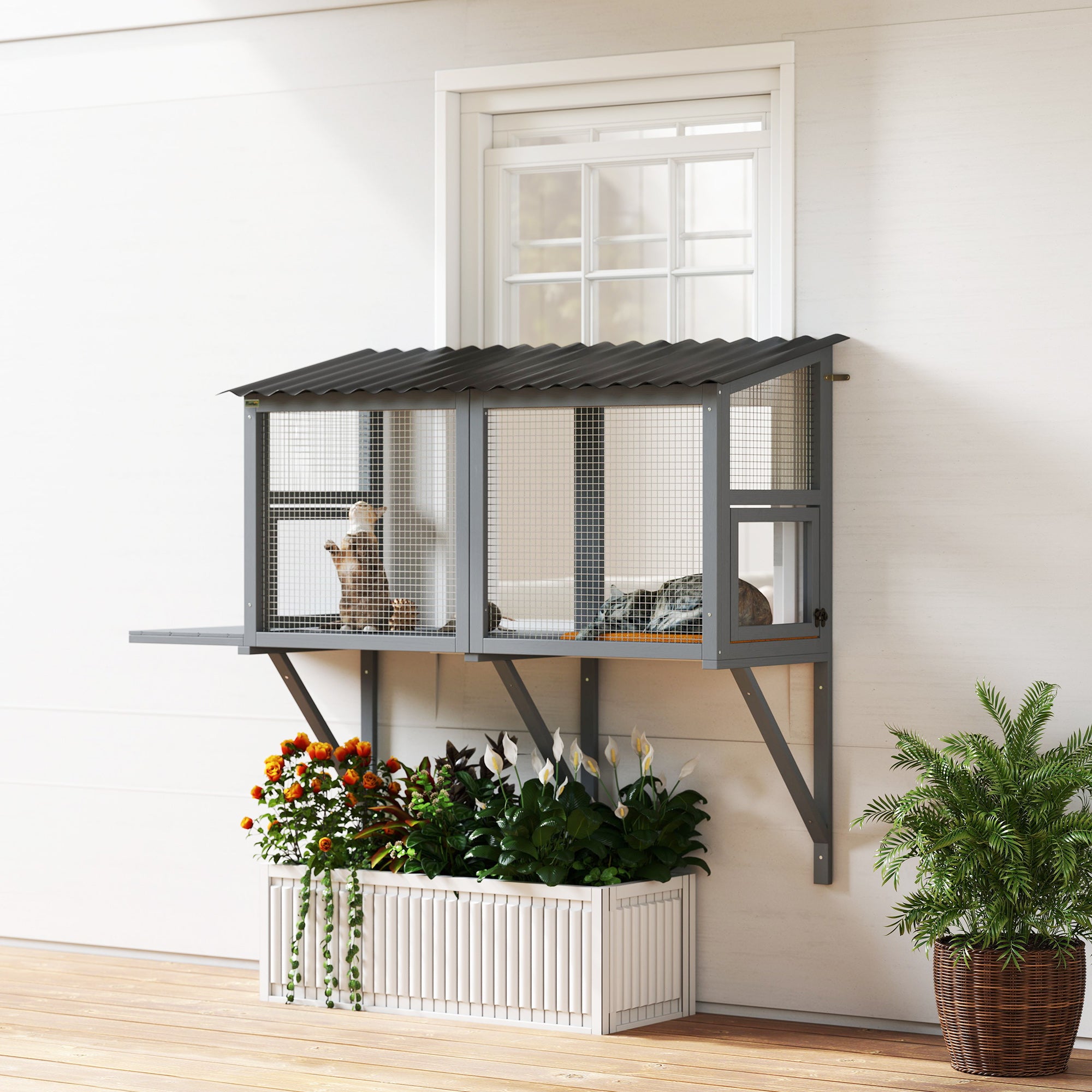 Wooden Cat Catio, Outdoor Cat Enclosure Window Perch with Jumping Platform, for Safely Enjoying Outdoor Sights, Gray - Gray - Image 2