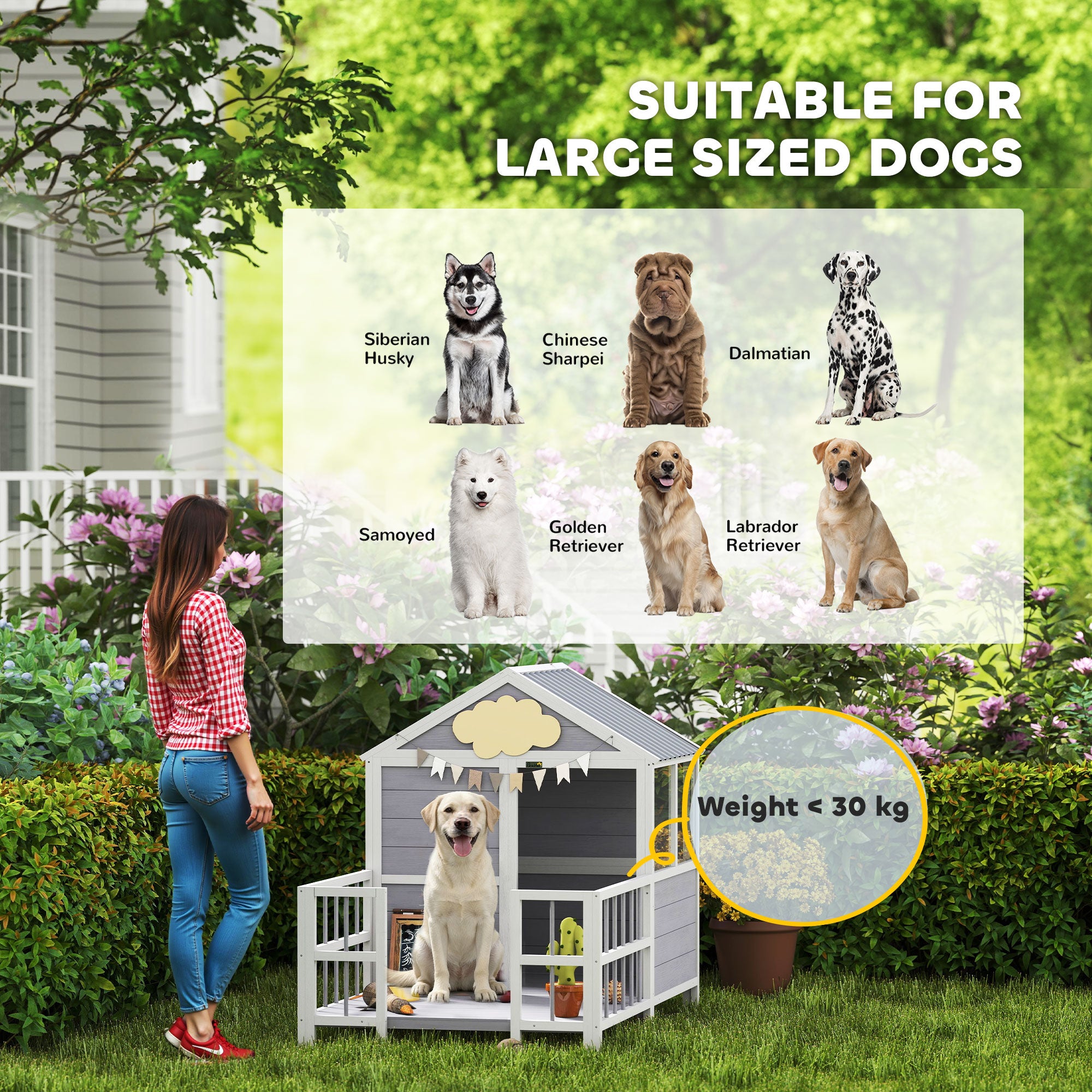 Outdoor Dog House, 61"L Wooden Dog House with Porch, Weatherproof Roof, Elevated Base, Air Vents & Observation Windows - Gray - Image 8