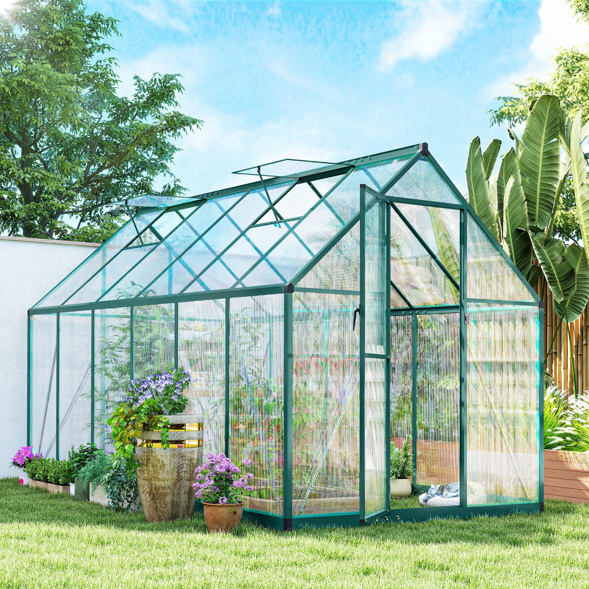 Polycarbonate Greenhouse with Swing Door and Two Adjustable Roof Vents, Aluminum Walk-in Greenhouse, 11x6 ft, Dark Green - Dark Green - Image 2