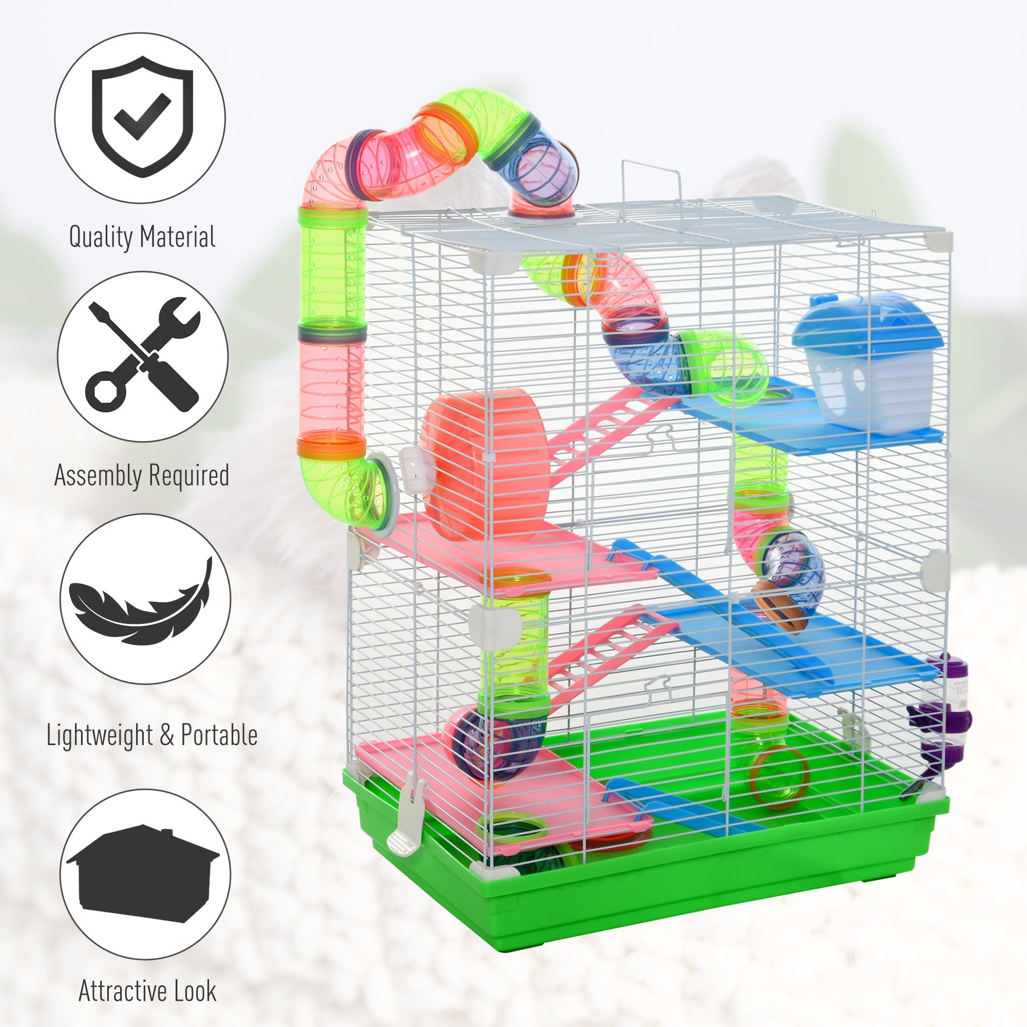 5 Tiers Hamster Cage Portable Animal Travel Carrier w/ Exercise Wheels Tube - Green - Image 7
