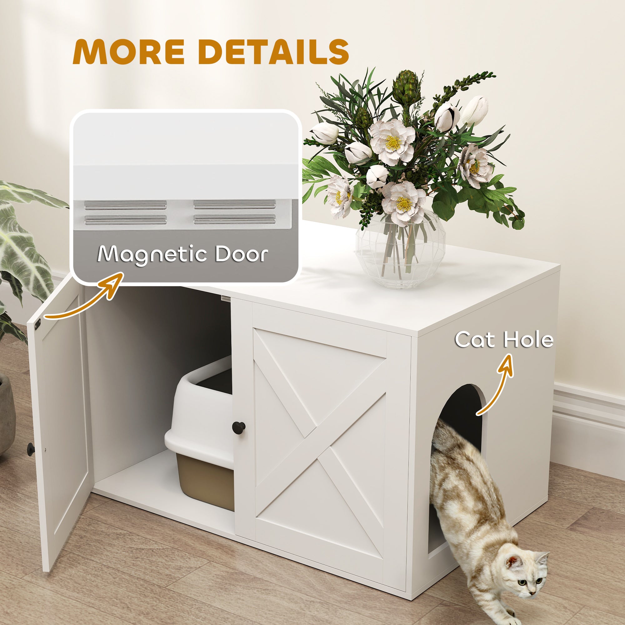 Cat Litter Box Enclosure with Barn Door, Cat Hole, 31.5" x 21" x 20", White - White - Image 6