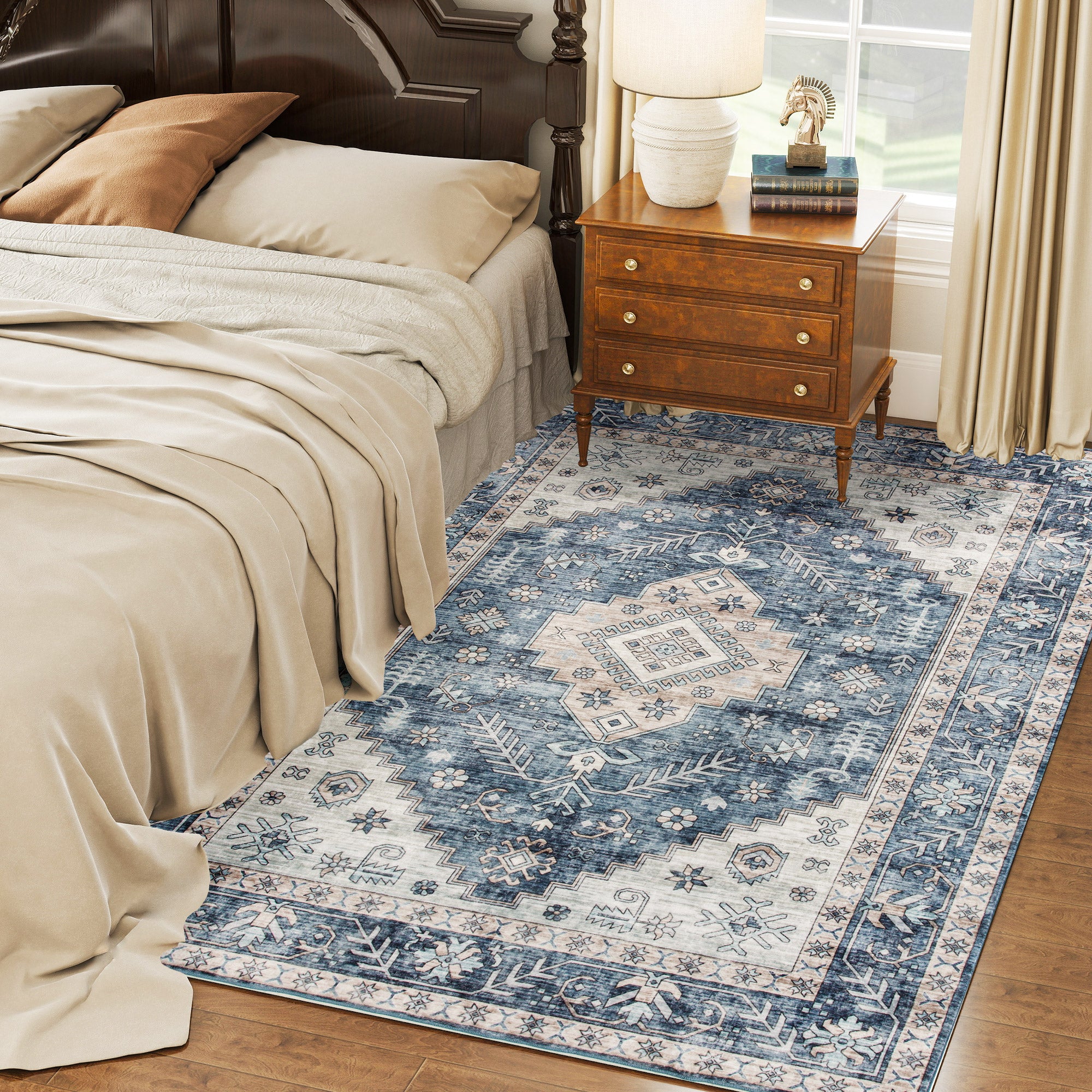 5x7 Area Rug, Vintage Washable Rug, Non-Slip Floor Carpet for Living Room, Bedroom, Dining Room, Blue