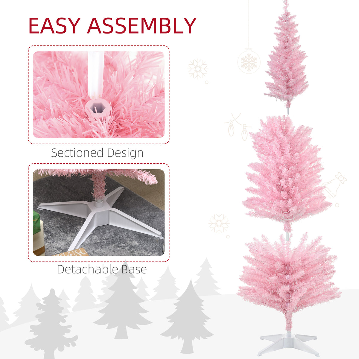 6ft Pencil Christmas Tree, Slim Artificial Christmas Tree with Realistic Branches and Warm White LED Lights, Pink