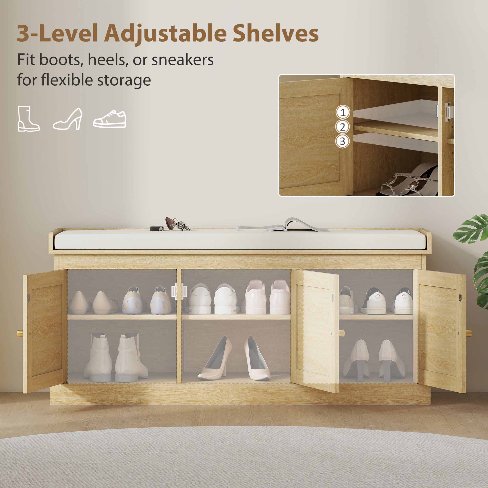 Shoe Storage Bench with Woven Rattan Doors, Shoe Bench with Cushion, Adjustable Shelves, Entryway Bench, Oak Tone