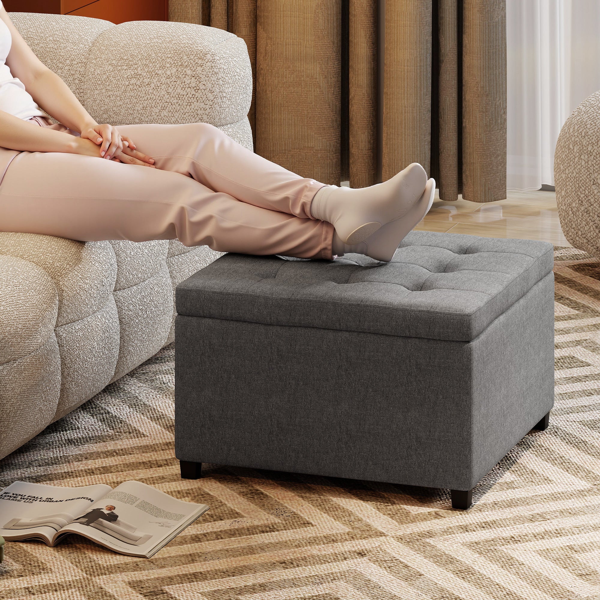 Round Storage Ottoman Bench, Button Tufted Ottoman with Flip Top for Living Room, Entryway and Bedroom, Gray