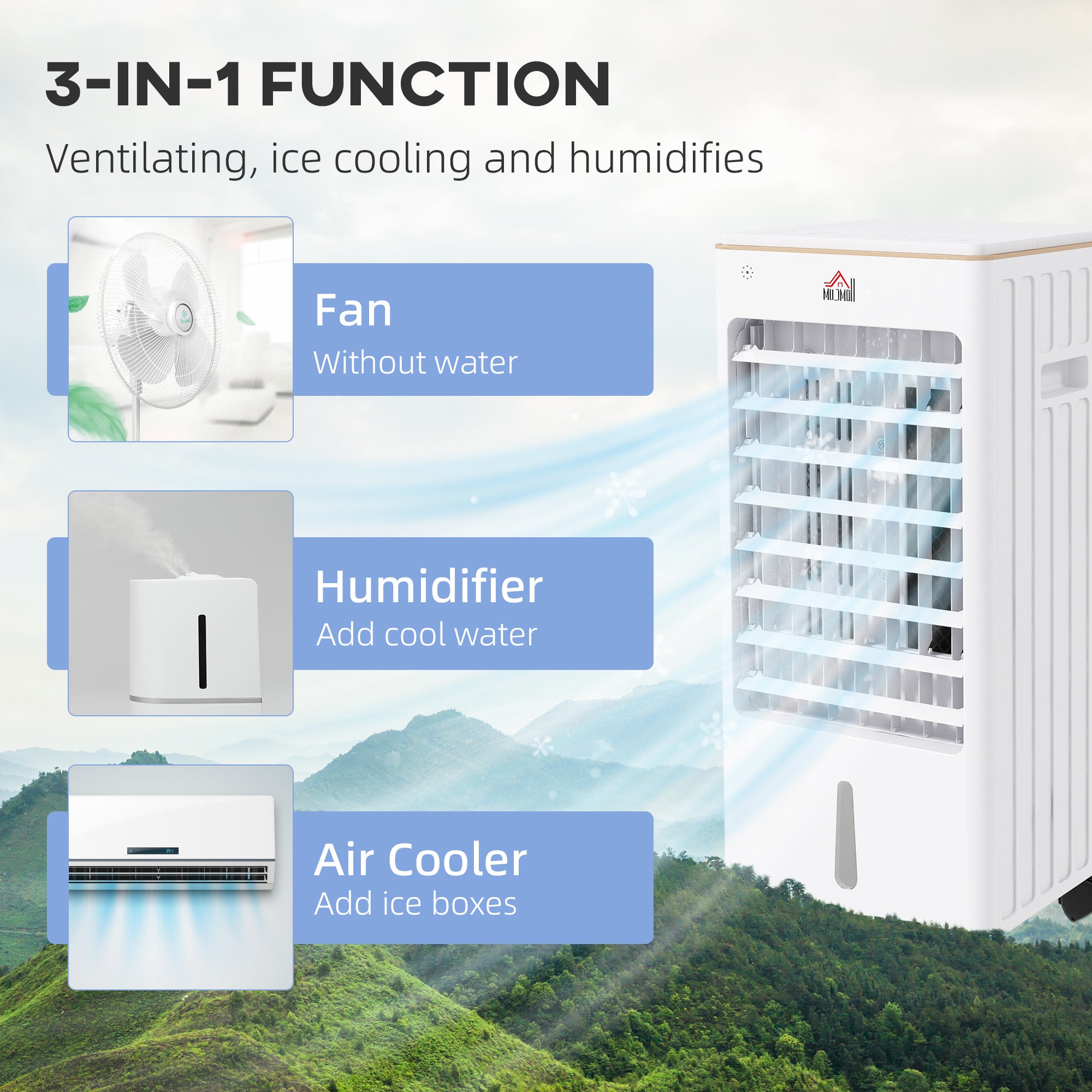Room Air Cooler with Ice Packs, Ice Cooling Fan Water Conditioner Humidifier Unit with Remote, Timer, Wheels