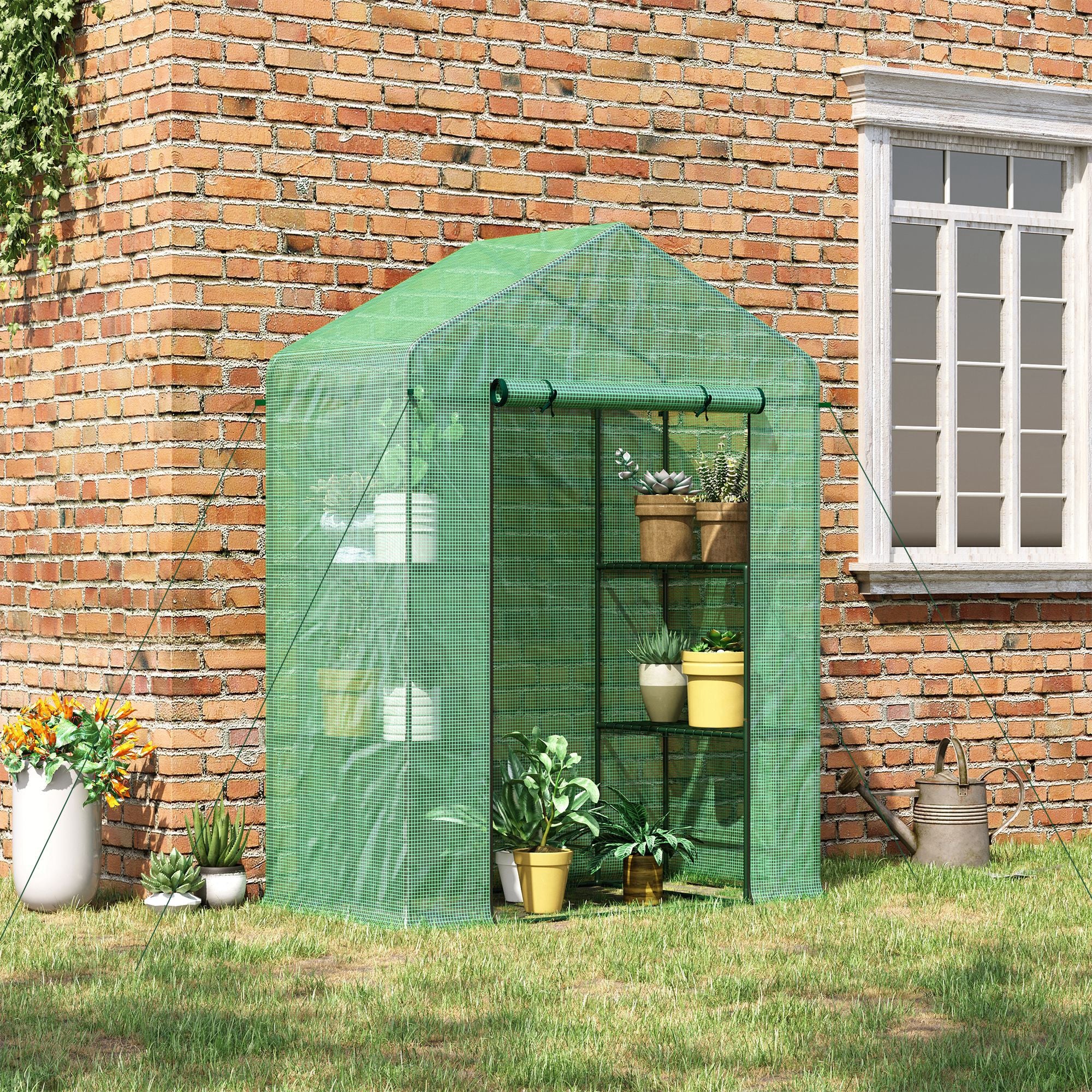 56" x 29" x 77" Walk-in Greenhouse, Garden Hot House with 3 Tier Shleves, Roll-Up Door and PE Cover, Green - Green - Image 2
