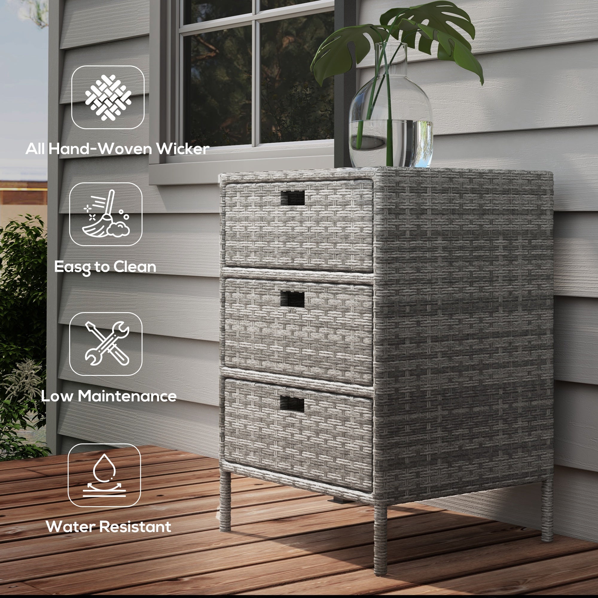 Patio PE Rattan Storage Cabinet, Wicker Pool Cabinet Organizer, Outdoor Towel Rack for Pool with 3 Drawers, Gray - Gray - Image 6