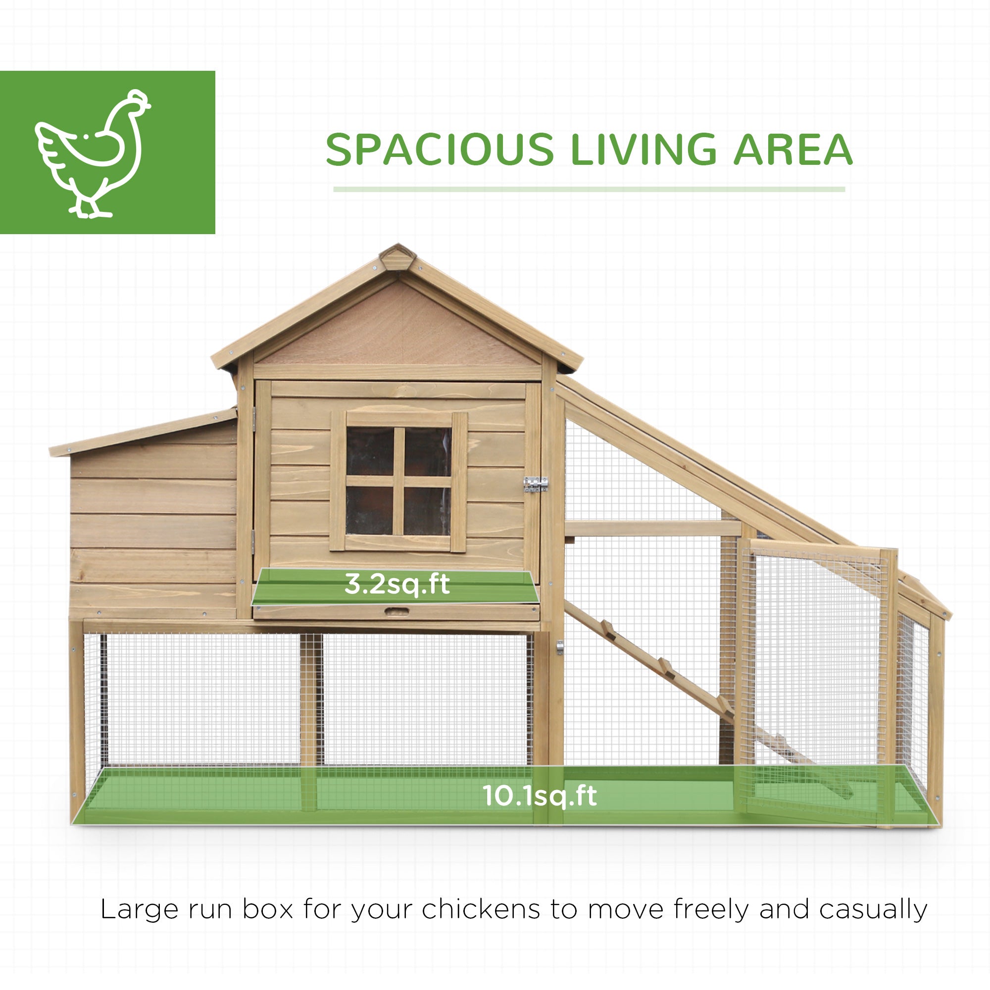 69" Wooden Chicken Coop, Poultry Cage Hen House with Connecting Ramp, Removable Tray, Ventilated Window and Nesting Box, Natural - Natural Wood - Image 4
