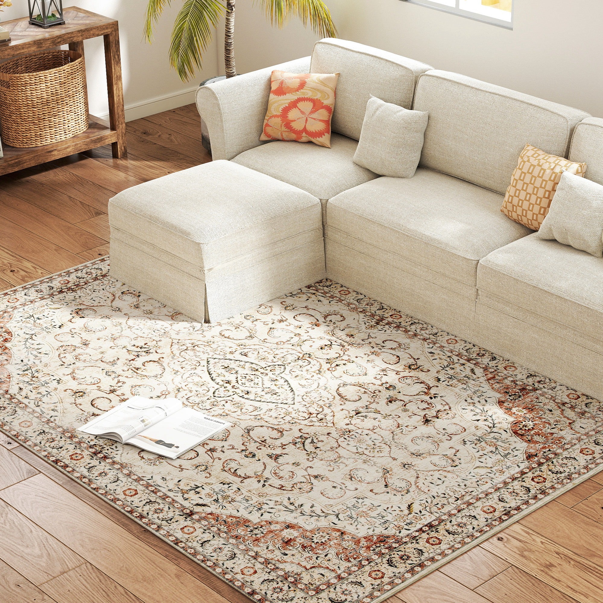 Area Rug 5x7, Machine Washable Rug, Non-Slip Classical Floral Print Floor Carpet for Living Room, Bedroom, Mixed-Brown
