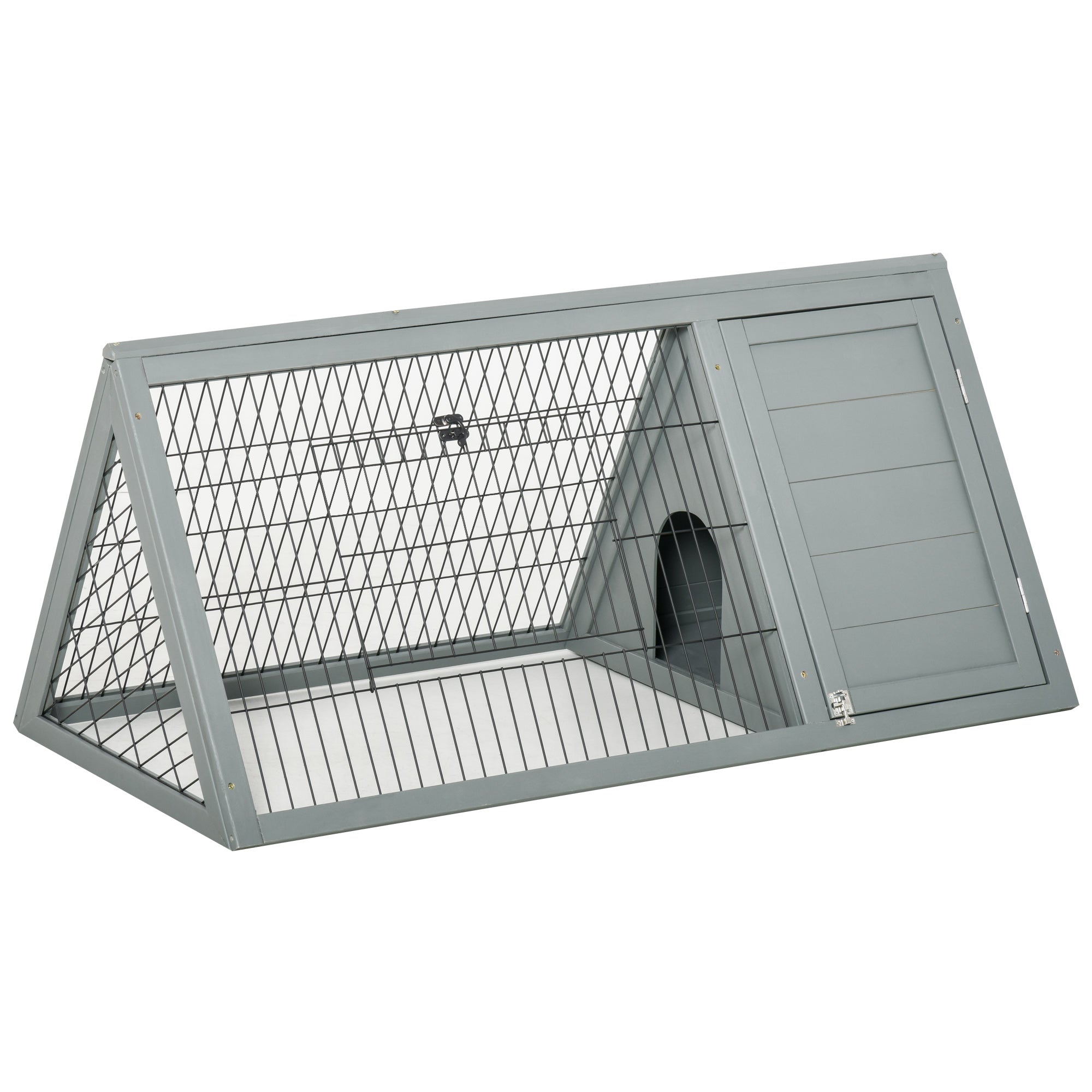 46" x 24" Wooden A-Frame Outdoor Rabbit Hutch, Small Animal Cage, Bunny Hutch with Outside Run & Ventilating Wire, for Rabbits, Chickens, Ducks, Gray - Grey