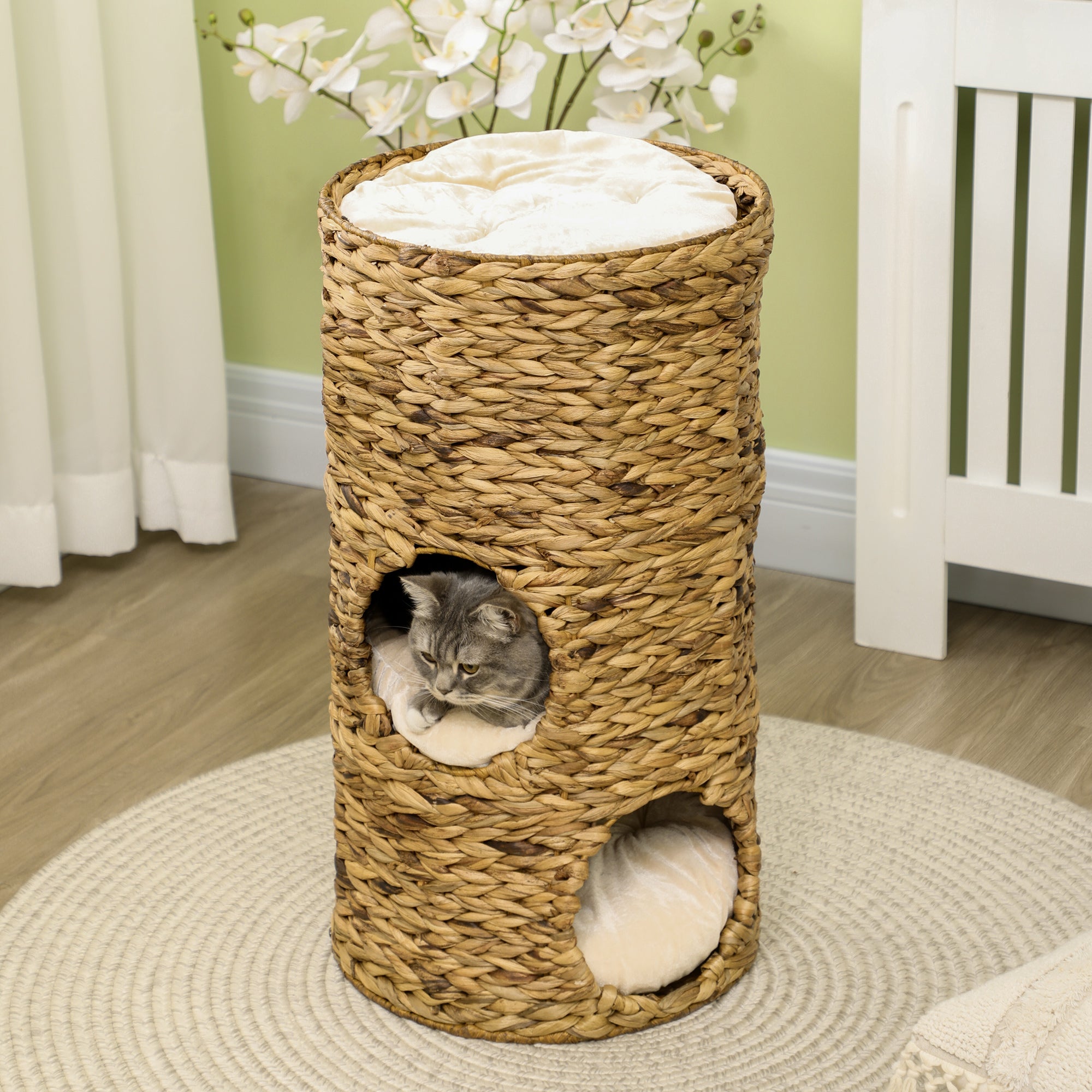 Elevated Cat Bed with Three Hideaways & Four Soft Plush Cushions, Cat Tower with Hand-Woven Materials, Multi-Layer Raised Kitten Bed Caves - Brown - Image 7