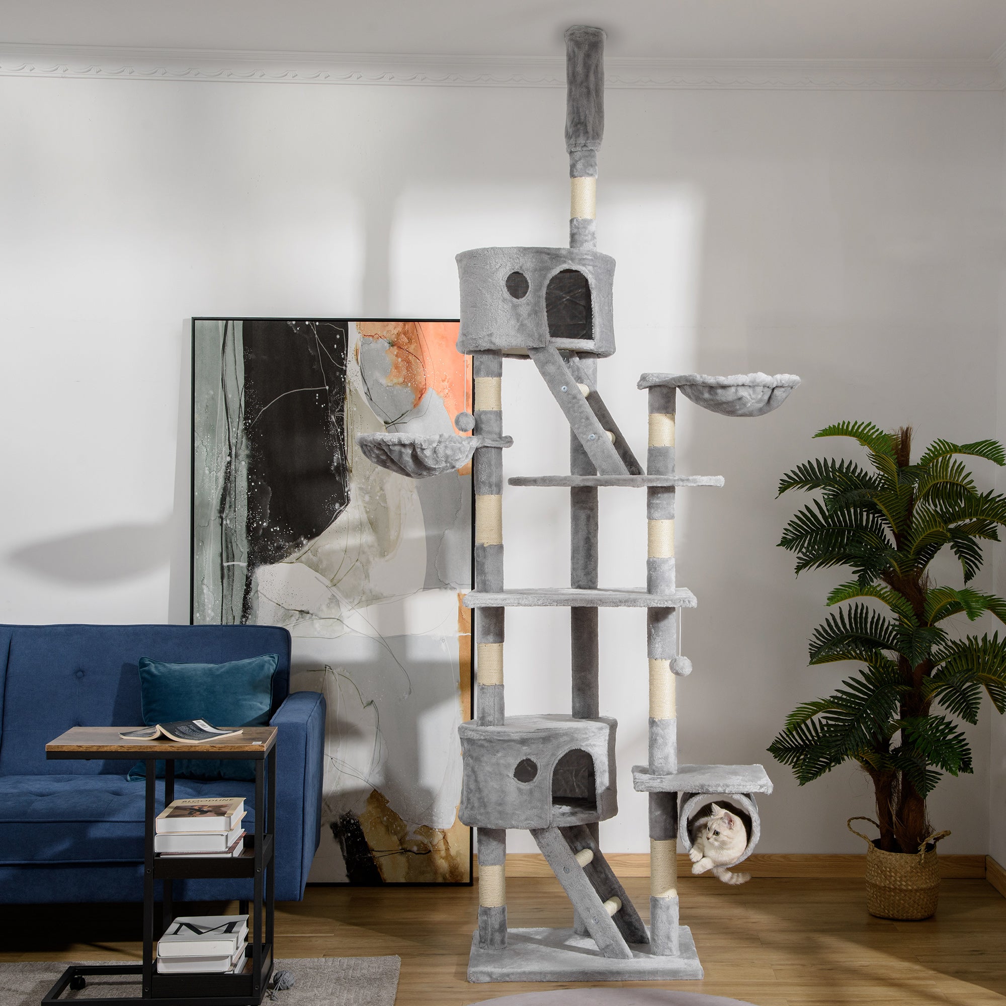 Floor to Ceiling Cat Tree, 94.5-102.5 inch Height Adjustable Cat Climbing Tower with Scratching Posts, Condos, Hammocks - Light Gray - Image 2