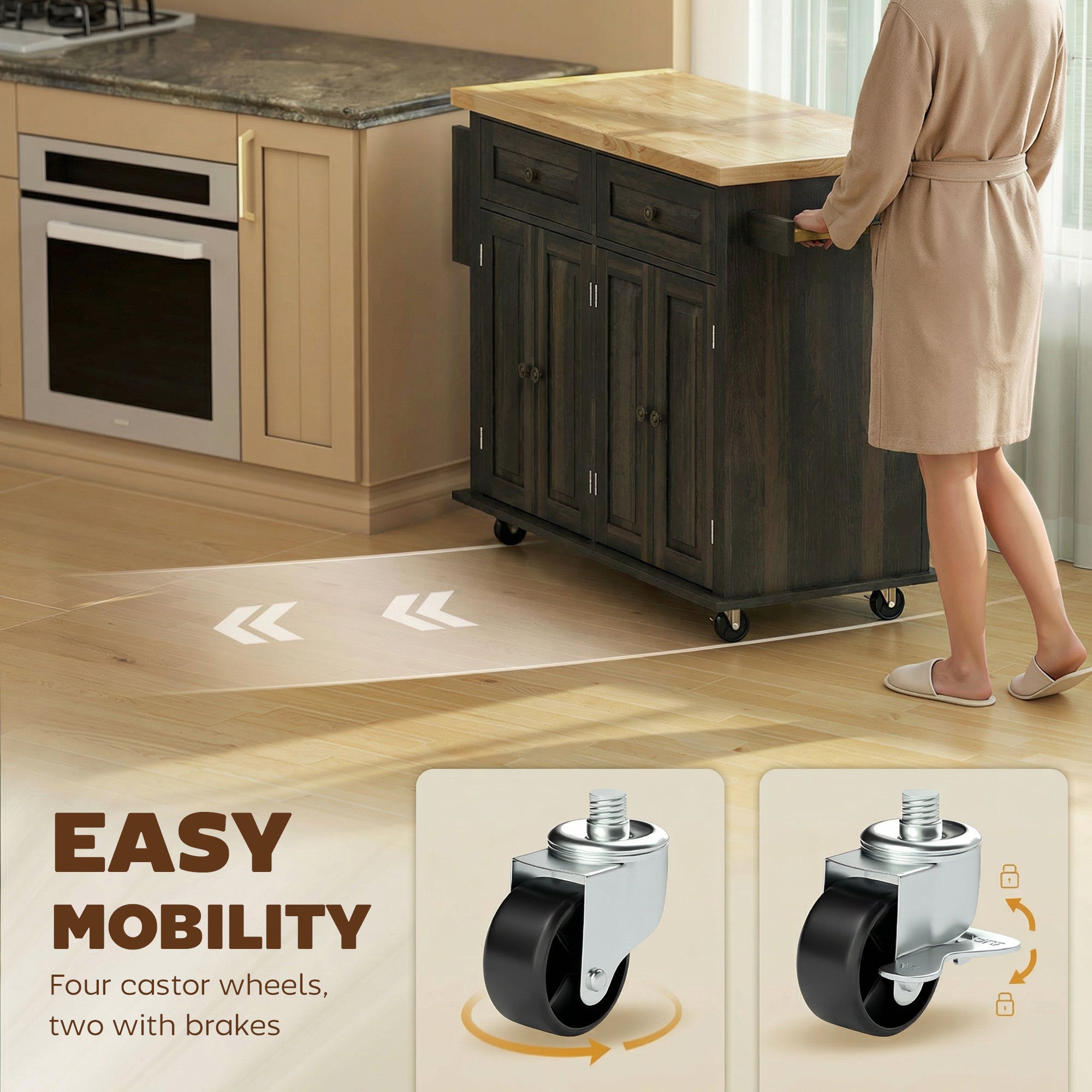 44" Mobile Kitchen Island Table, Kitchen Island Cart on Wheels with Storage Cabinets, 2 Drawers, Brown