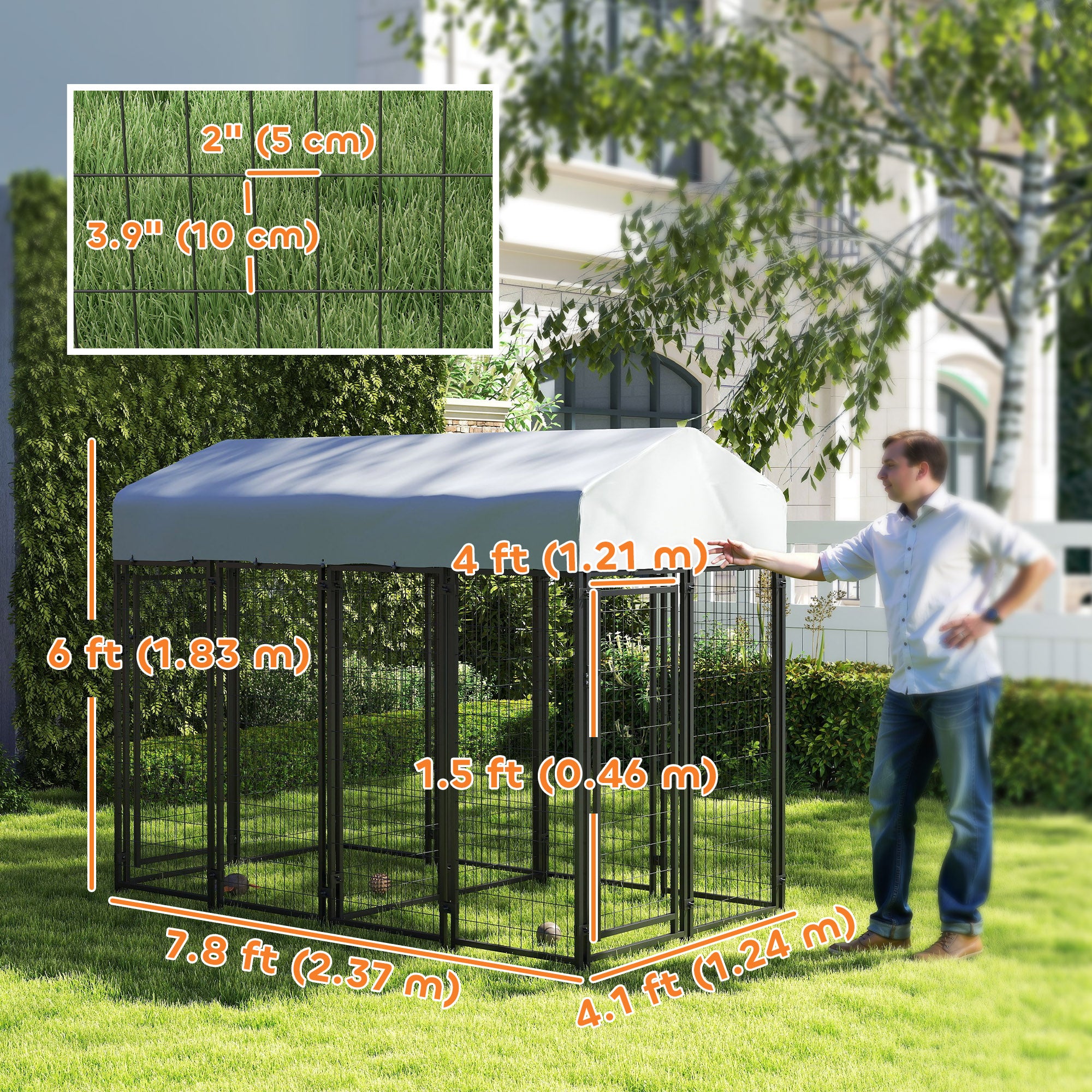Outdoor Dog Kennel with Two-Room Design, Water-Resistant & Sun-Proof Cover, for S, M, L Dogs, 8' x 4' x 6' - Silver - Image 3