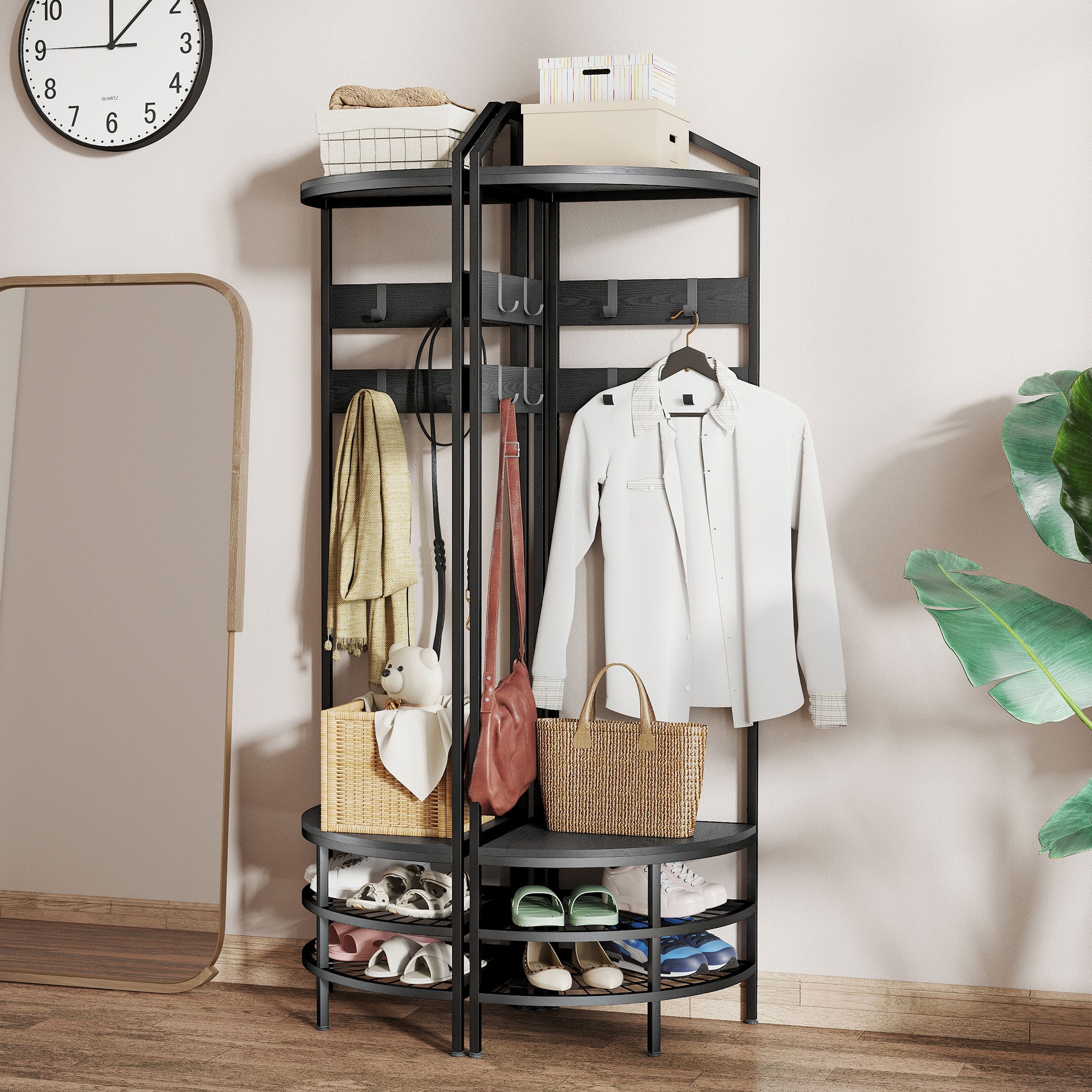 Corner Hall Tree, Industrial 4-Tier Coat Rack with Shoe Storage, 8 Movable Hooks and 2 Shelves for Hallway, Black