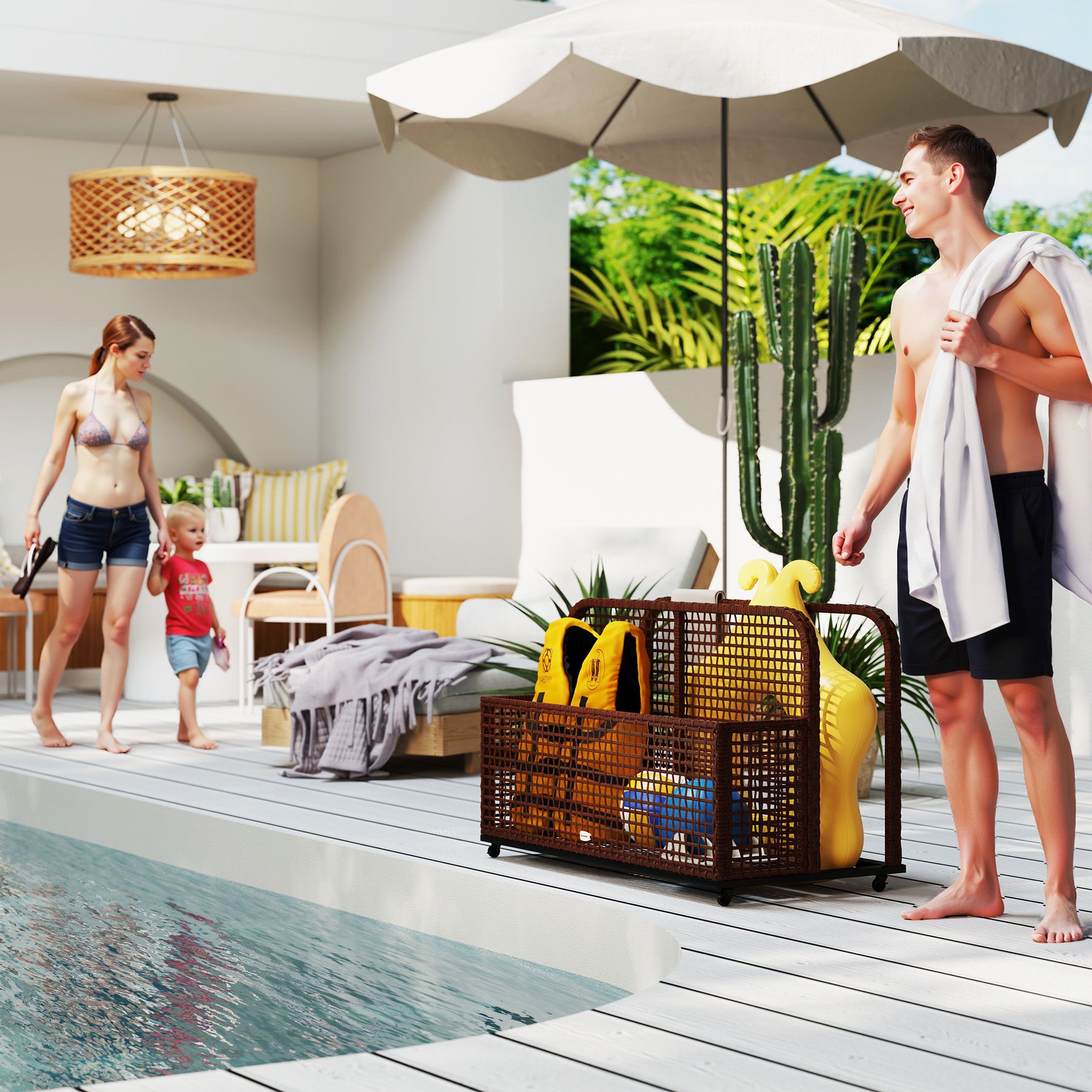 Pool Float Storage, Pool Caddy, with Wheels, 43.25" L x 22.5" W x 28" H, Brown - Brown - Image 2