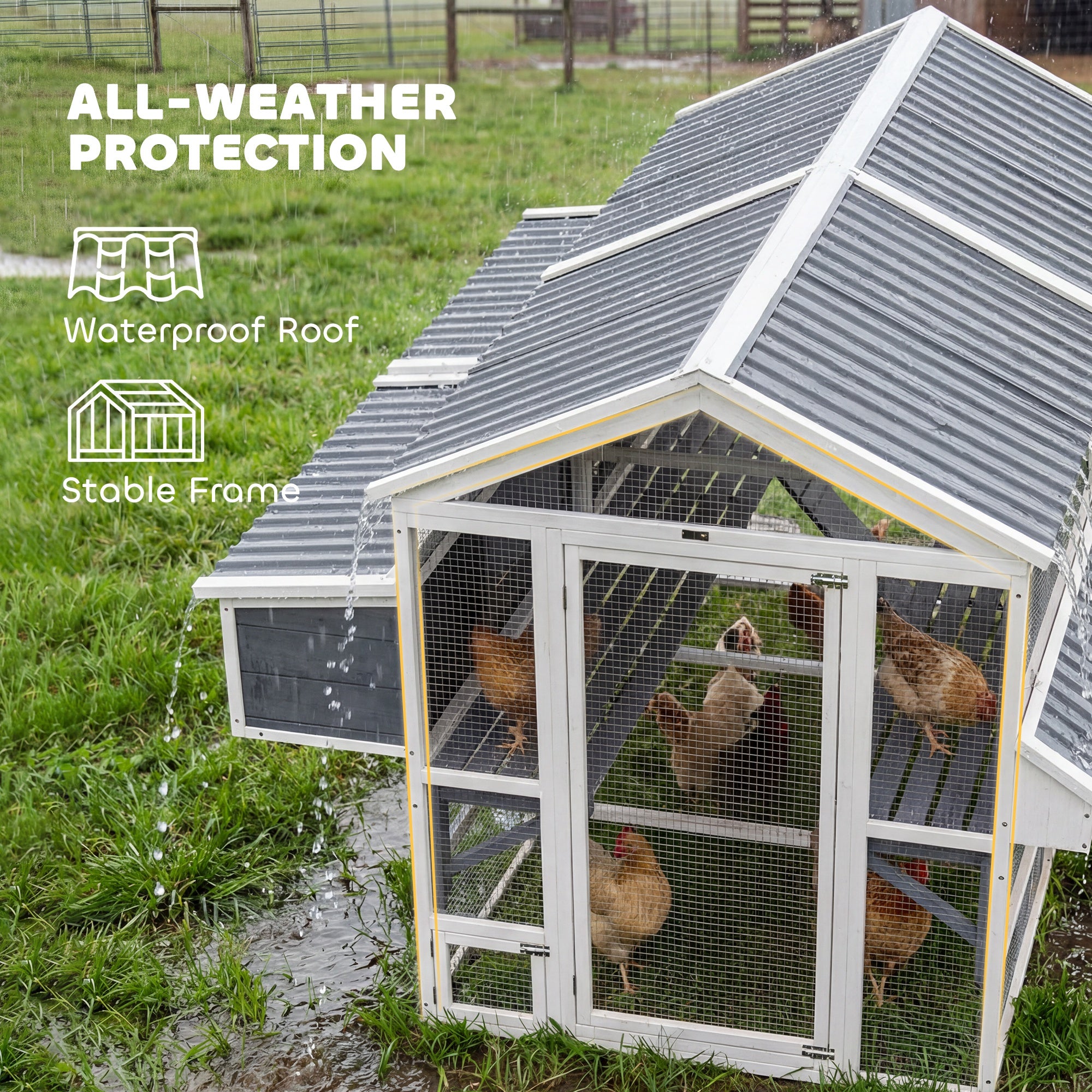 Wooden Chicken Coop, Outdoor Hen House with 2 Feeders, 2 Nesting Boxes, 2 Roosting Bars, Ramps, Waterproof Roof - Gray - Image 8