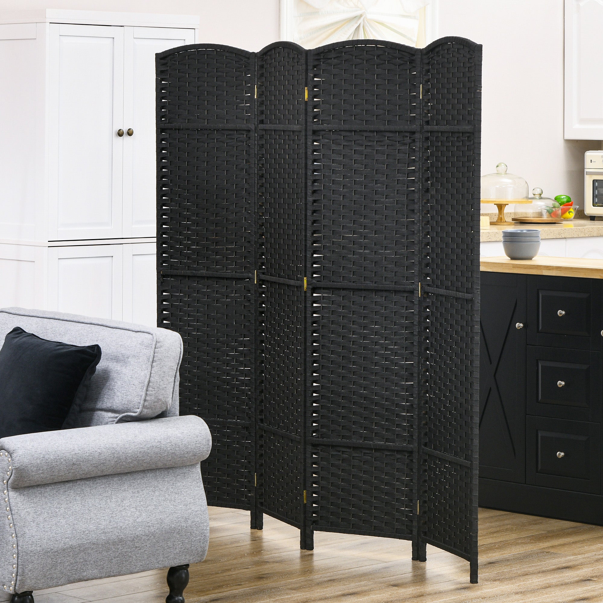 Folding Room Divider Screen 4 Panel 5.6 ' Tall Privacy Screen Freestanding Room Partition for Home Office, Black