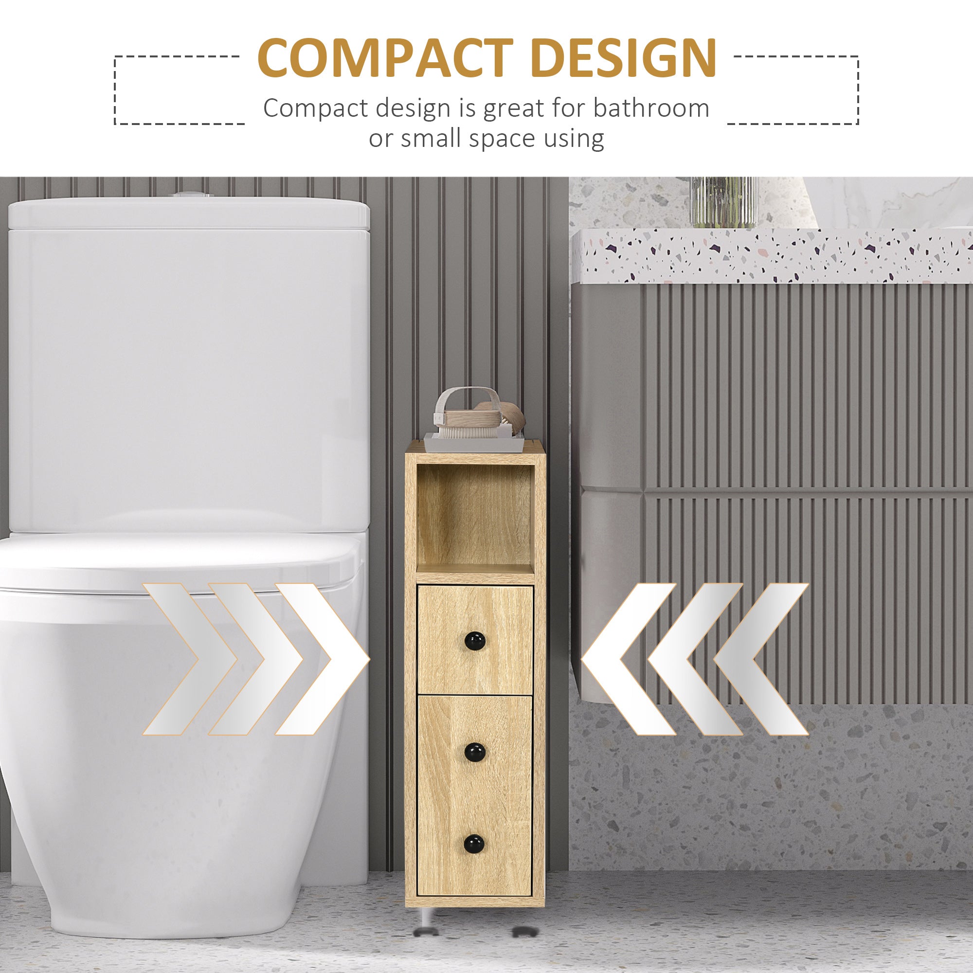 Freestanding Compact Design Bathroom Cabinet with 2 Open Cabinets, 1 Door Cabinet, 1 Drawer and 4 Rolling Wheels, Oak Grain Color