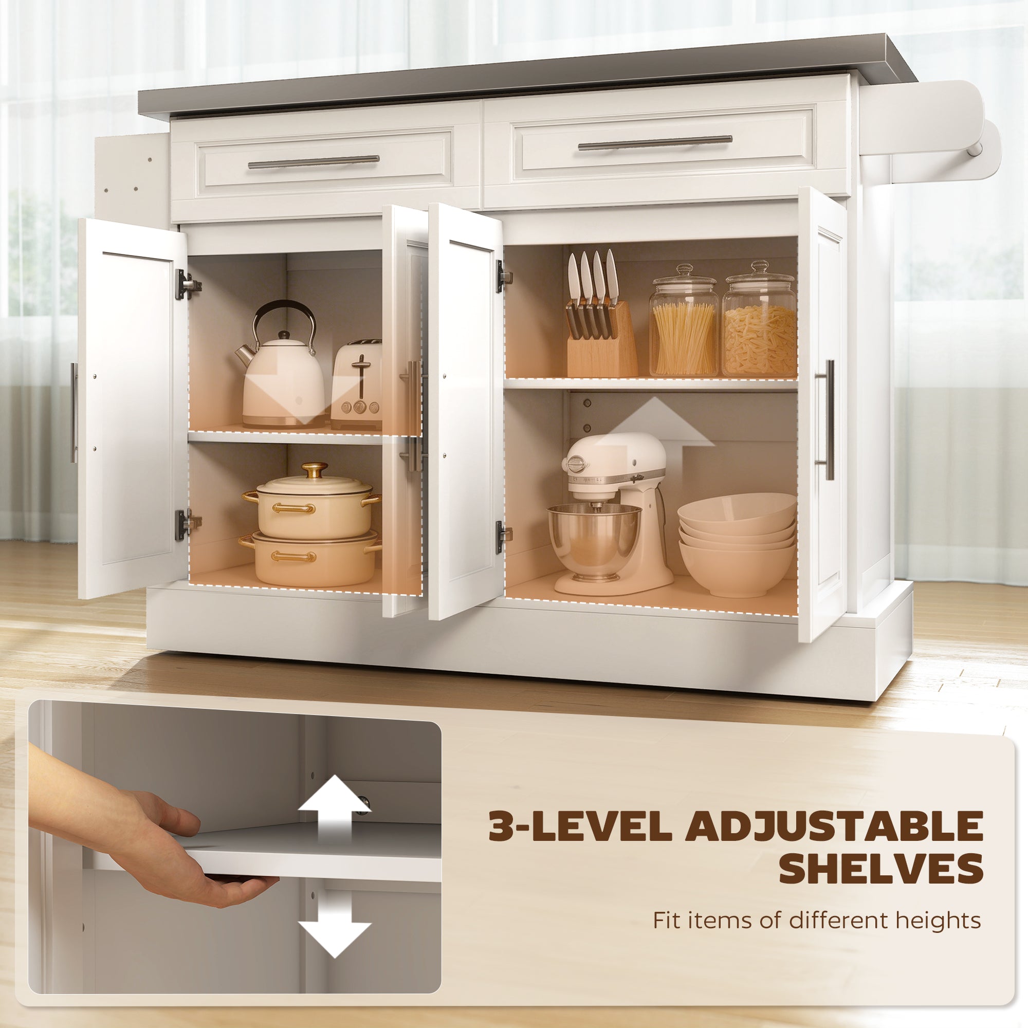 Rolling Kitchen Island Cart with 47" Stainless Steel Top, Portable Island Table for Kitchen with Wheels, Adjustable Shelves, 2 Drawers, Spice, Knife and Towel Rack, White
