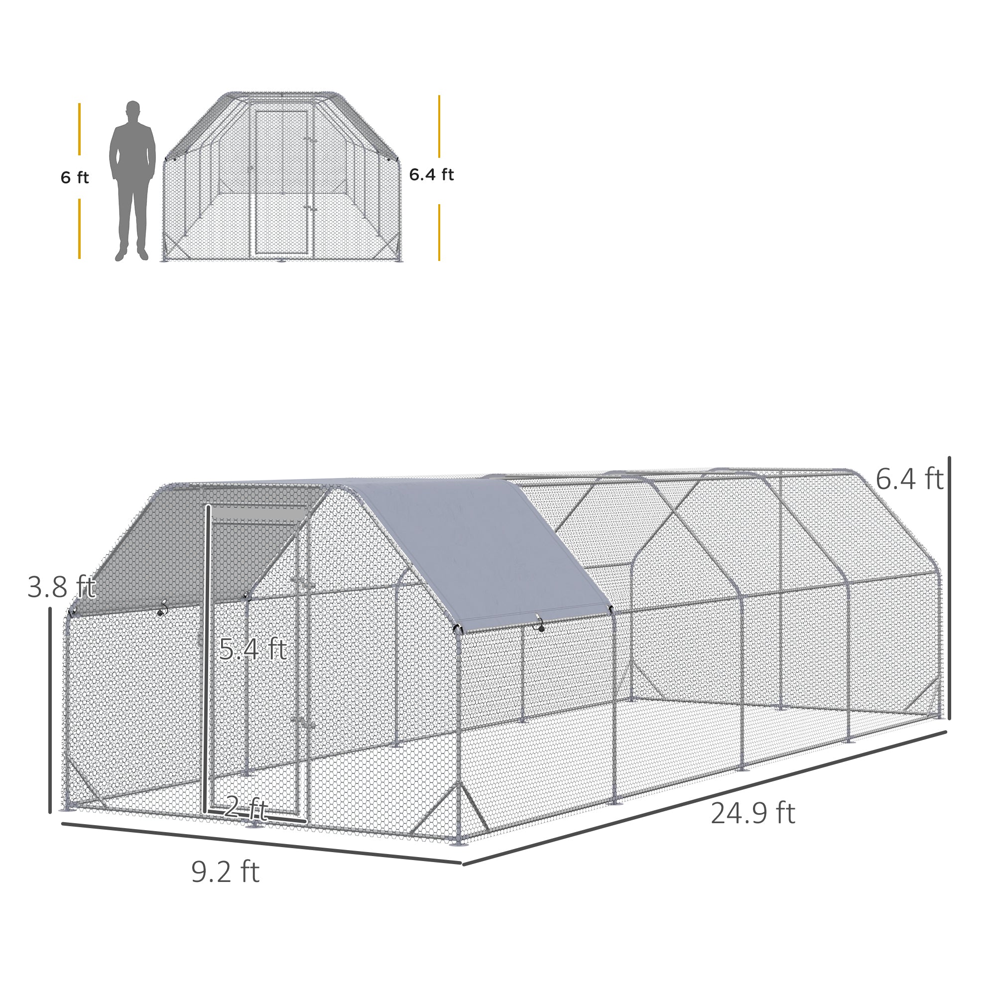 Large Chicken Coop Metal Chicken Run with Waterproof and Anti-UV Cover, Flat Shaped Walk in Fence Cage Hen House for Outdoor and Yard Farm Use, 1" Tube Diameter, 9.2' x 24.9' x 6.4' - Silver - Image 3