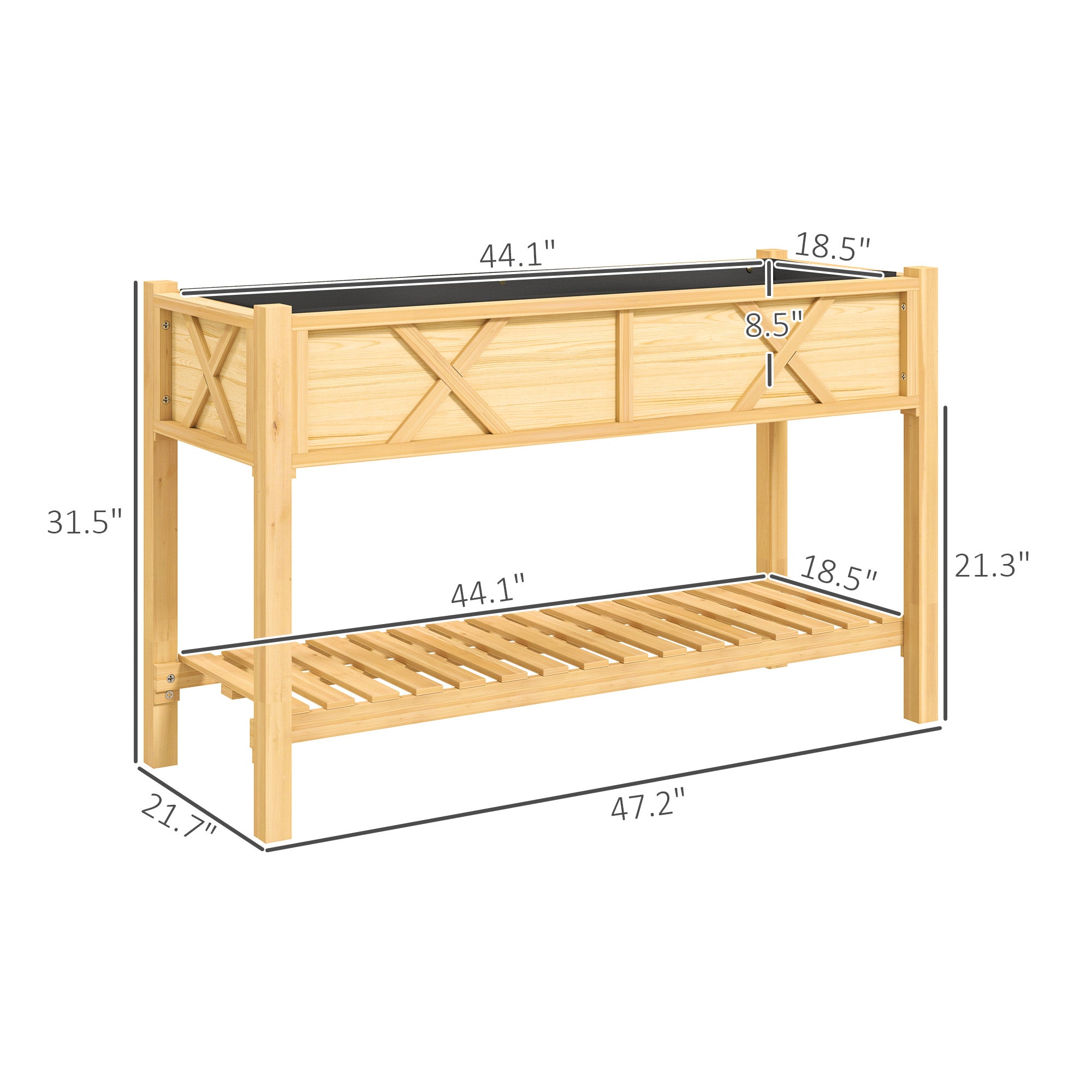 Raised Garden Bed, 47 x 22 x 31.5 in. Elevated Wood Planter Box with Storage Shelf, Drainage Holes, and Liner, Natural - Natural Wood - Image 3