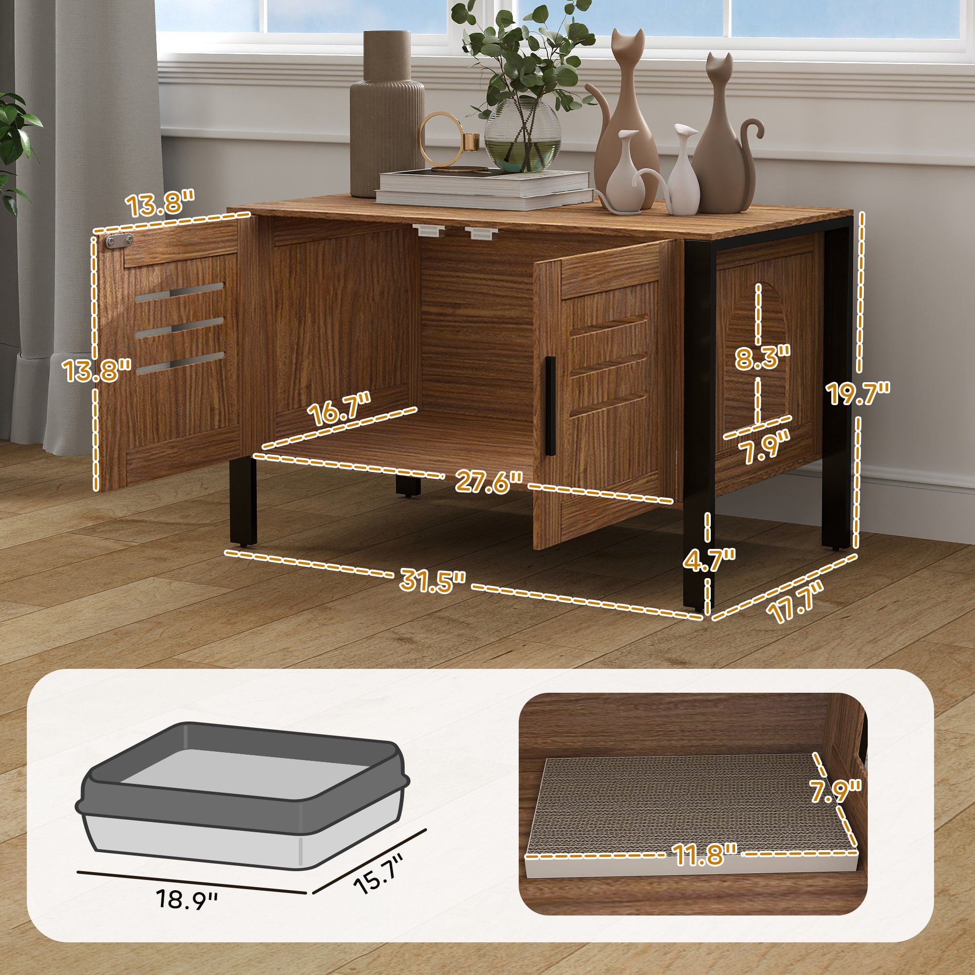 Cat Litter Box Enclosure with Tall Legs, Scratching Board, Dark Brown, 31.5"L x 17.7"W x 19.7"H - Brown - Image 3