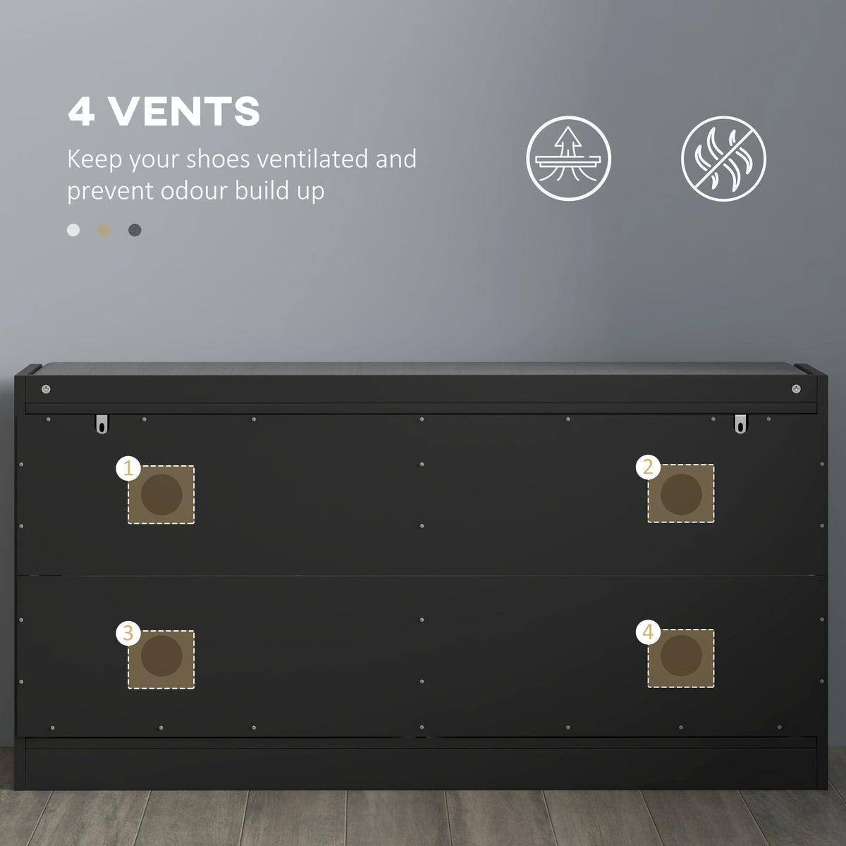 Narrow Storage Bench, Upholstered Entry Way Bench, Shoe Rack Bench with 2 Flip Drawers, 2 Vents for 8 Pairs of Shoes