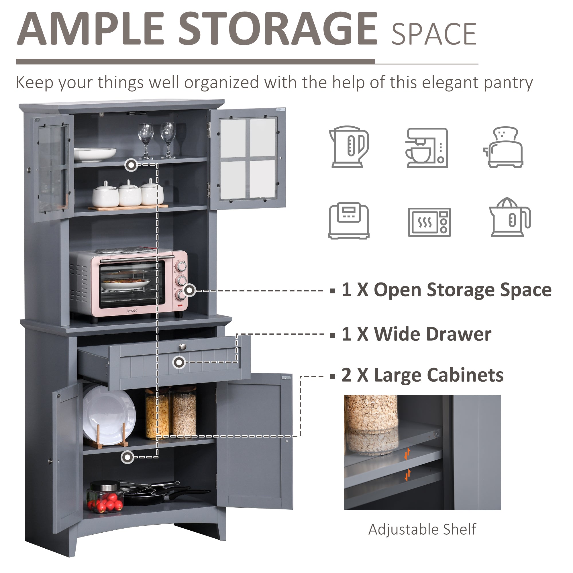 Elegant Buffet with Hutch, Kitchen Pantry Storage Cabinet with Framed Glass Door Drawer and Microwave Space, Gray