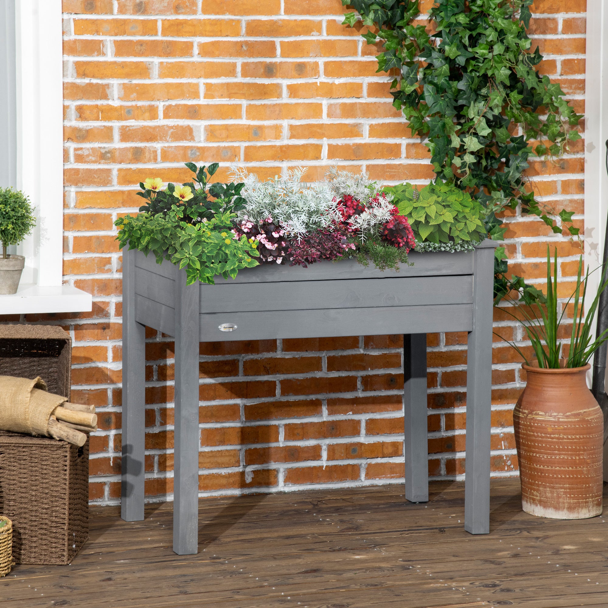 34" Raised Garden Bed, Elevated Wooden Planter Box with Holes for Vegetables, Herb, Flowers for Backyard, Dark Gray - Dark Gray - Image 2