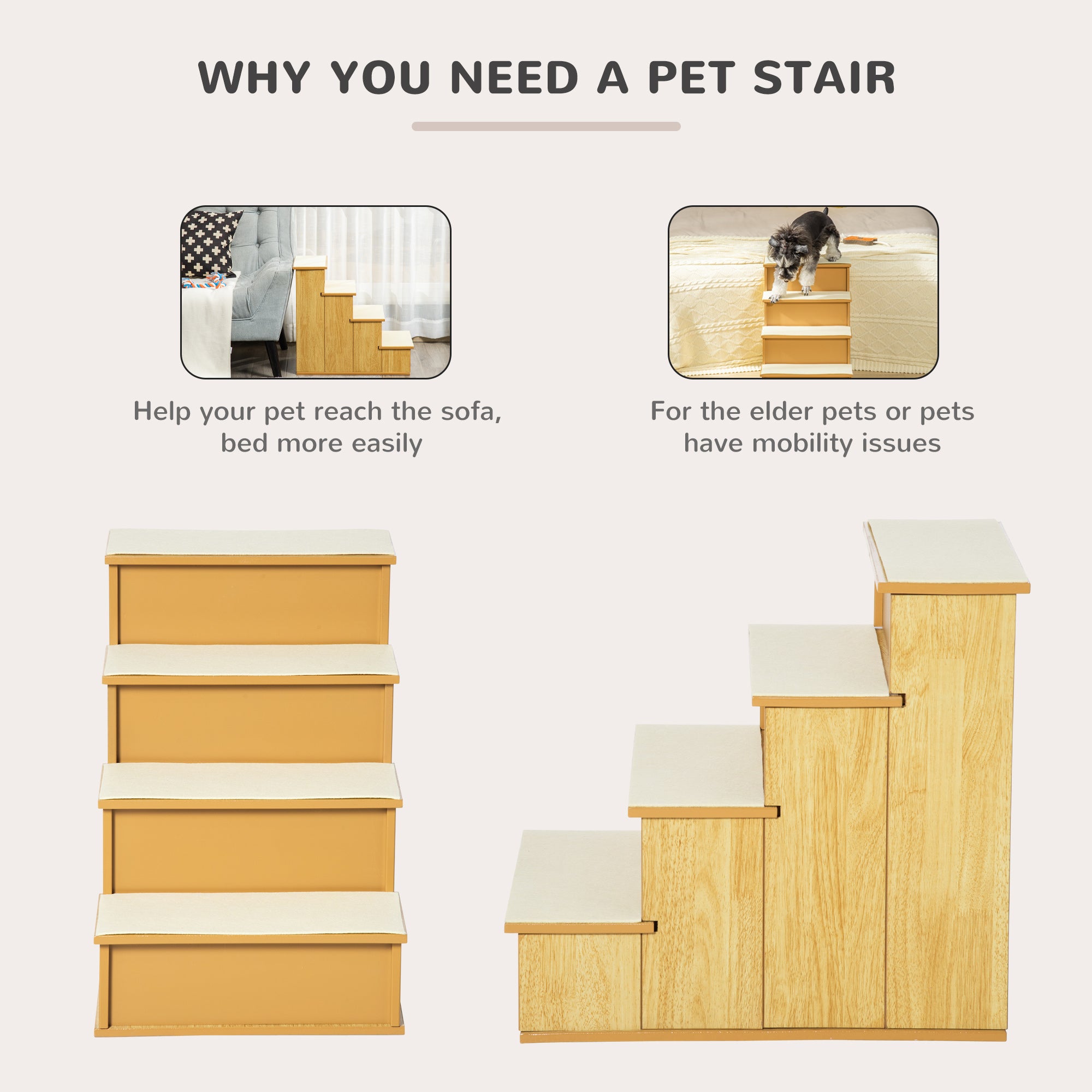 Pet Stairs, Small Pet Steps with Cushioned Removable Covering for Dogs and Cats Up To 22 lbs, Natural - Natural Wood - Image 5