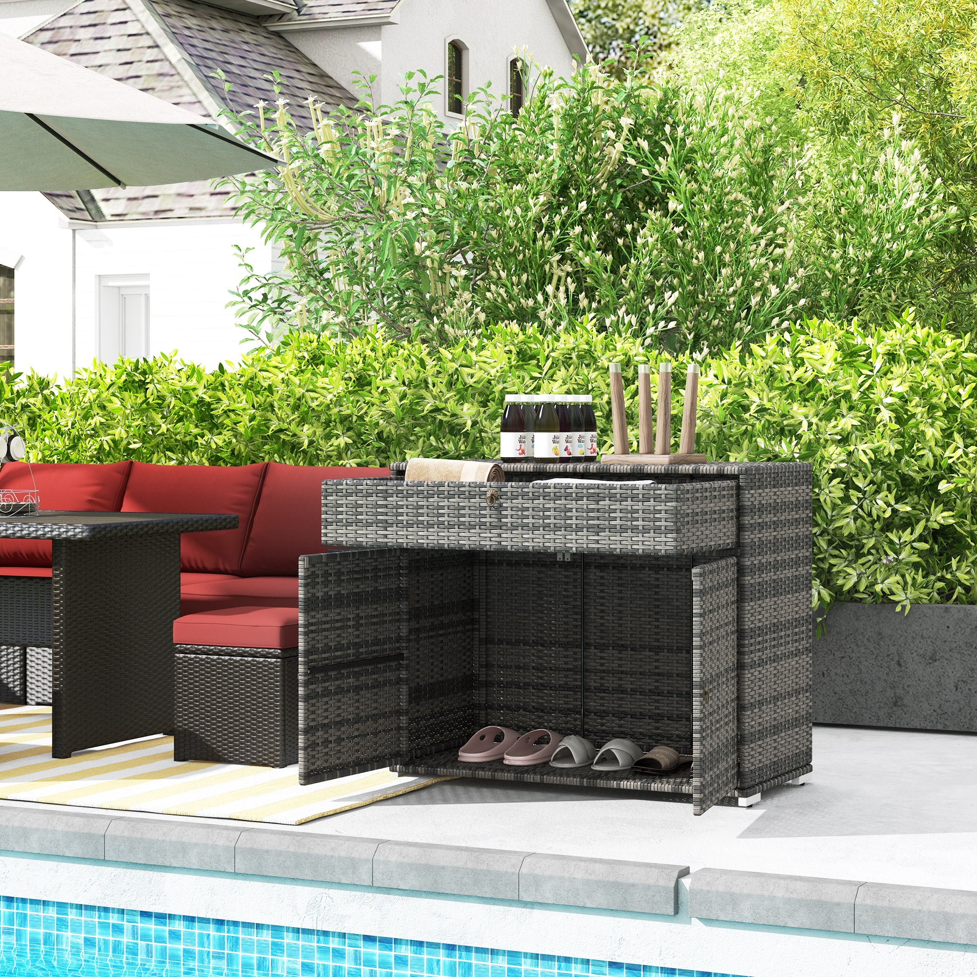 Outdoor Storage Cabinet, Waterproof PE Rattan Cabinet with Drawer for Indoor, Outdoor Swimming Pool, Gray - Gray - Image 2