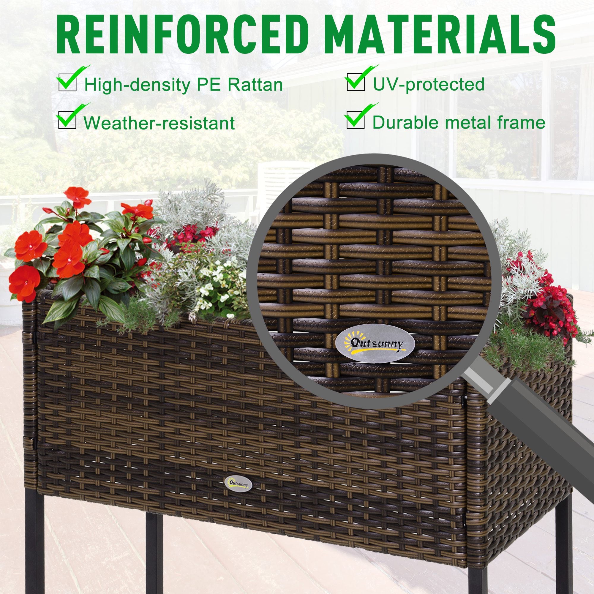 Raised Garden Bed, Elevated Planter Box with Rattan Wicker Look, Tool Storage Shelf, Portable Design for Herbs, Vegetables, Flowers, Brown - Brown - Image 5