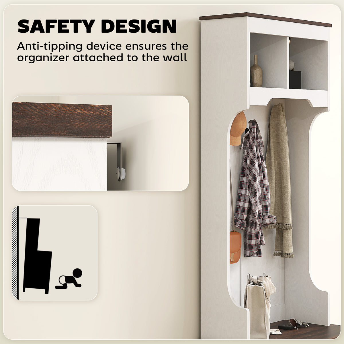 3-in-1 Hall Tree with Shoe Storage, Coat Rack with Bench, Entryway Furniture with Five Hooks, White Wood Grain