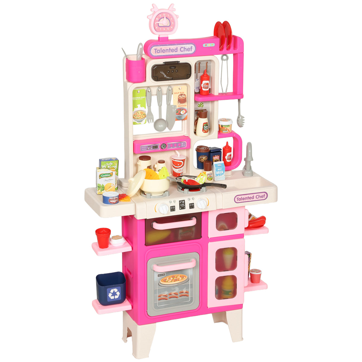 Qaba Pretend Play Kitchen Set with Realistic Lights & Sounds, 104PCS Toy Kitchen Accessories for Boys and Girls, Pink
