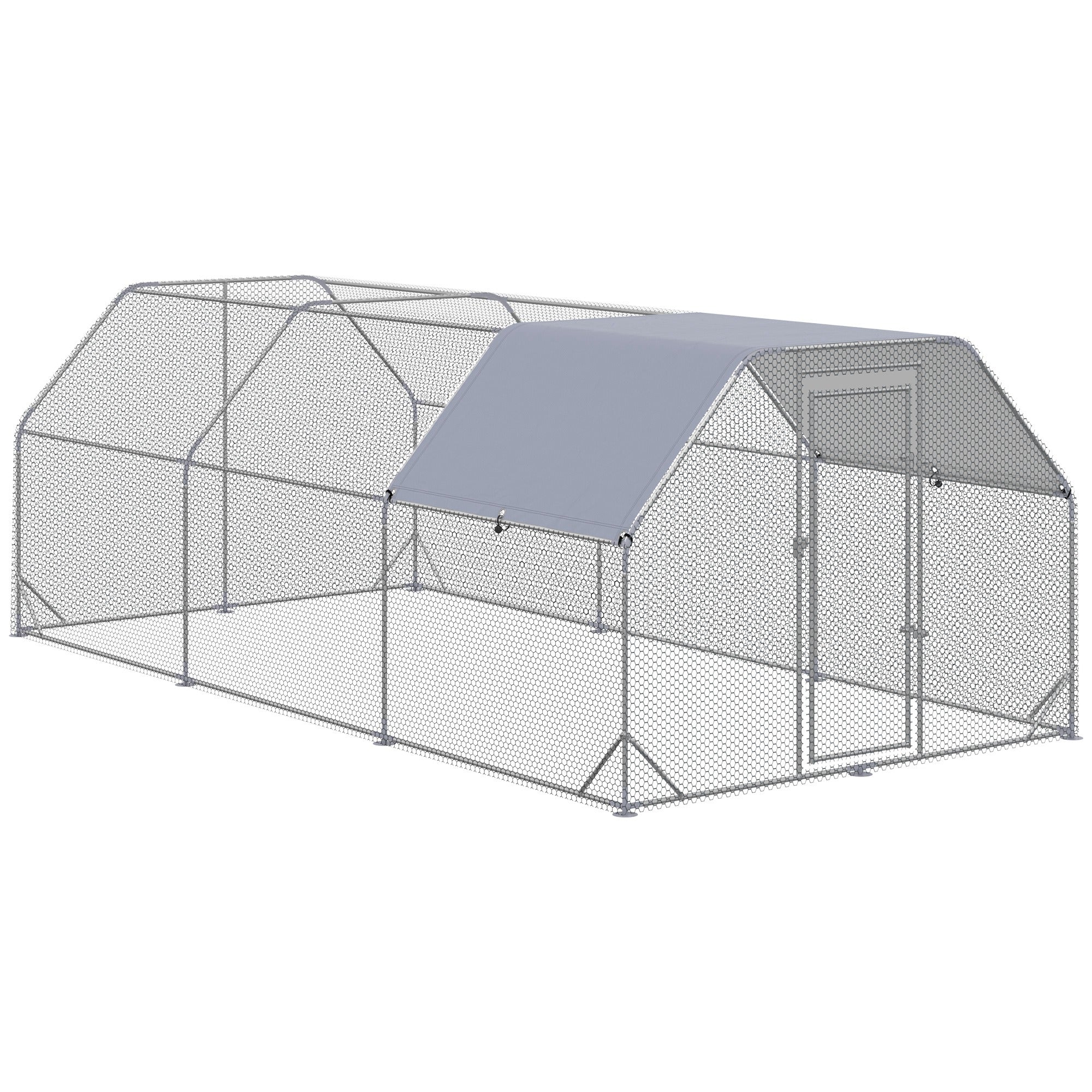 Large Chicken Coop Metal Chicken Run with Waterproof and Anti-UV Cover, Flat Shaped Walk in Fence Cage Hen House for Outdoor and Yard Farm Use, 1" Tube Diameter, 9.2' x 18.7' x 6.4' - Silver